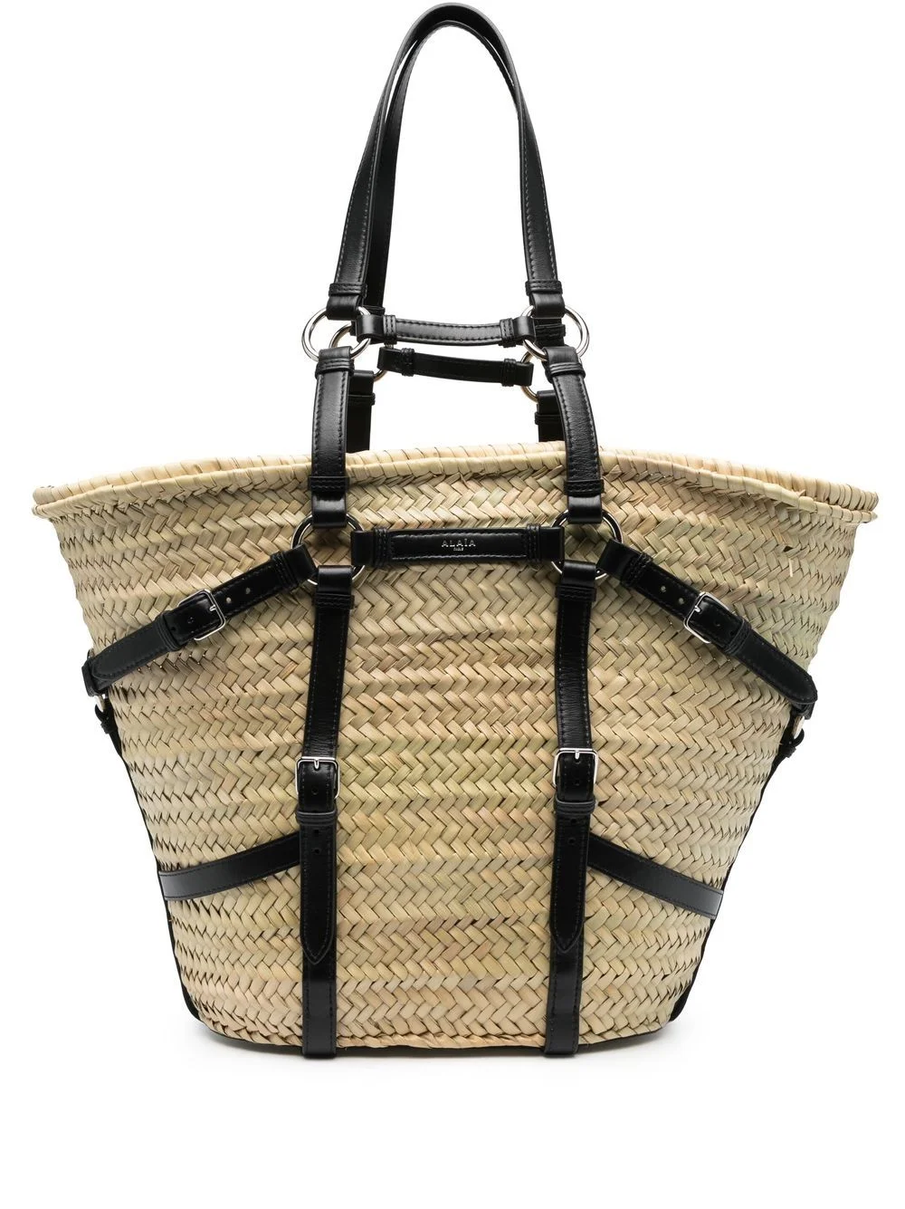 straw leather-chain tote bag - 1