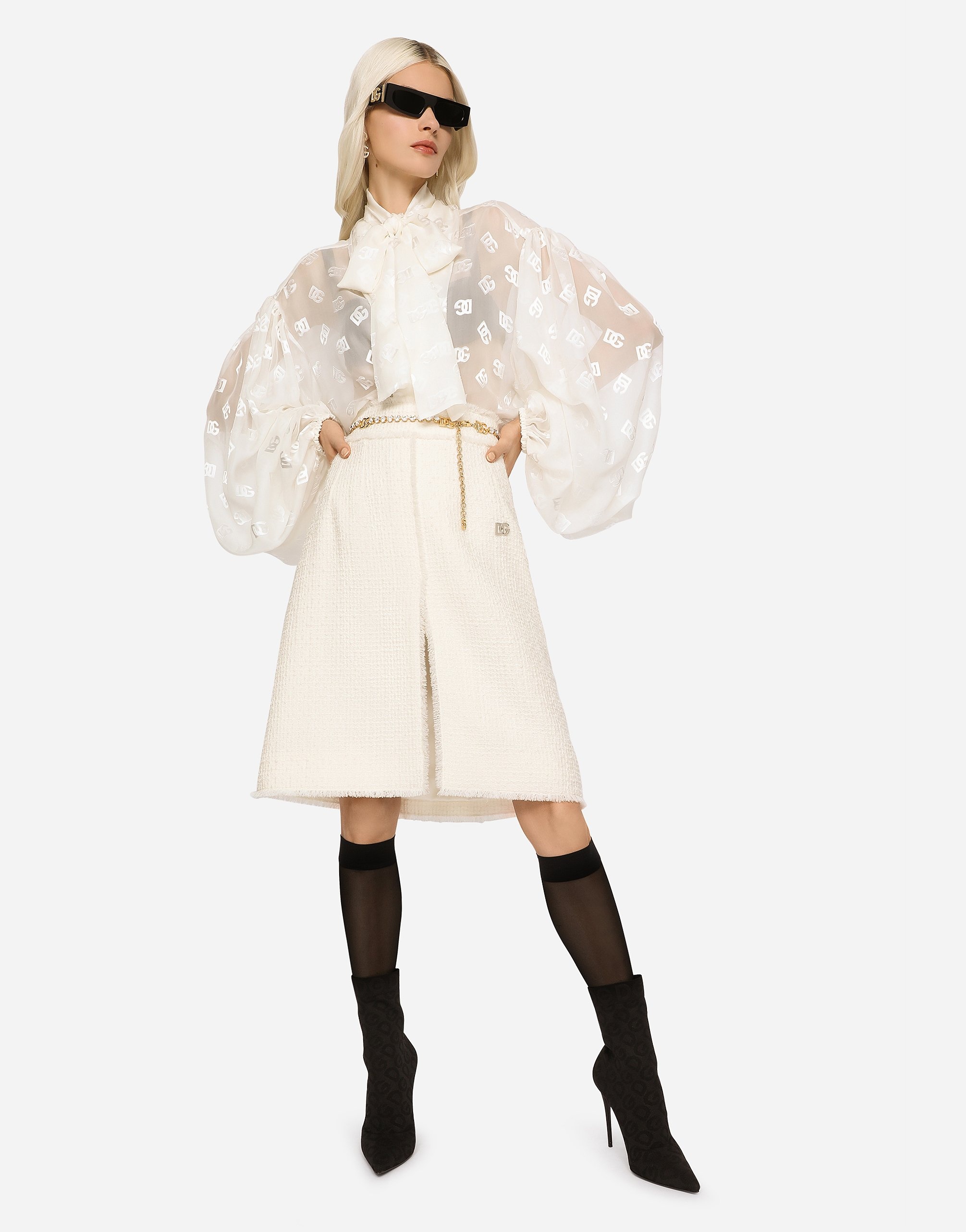Devoré satin pussy-bow shirt with all-over DG logo - 5