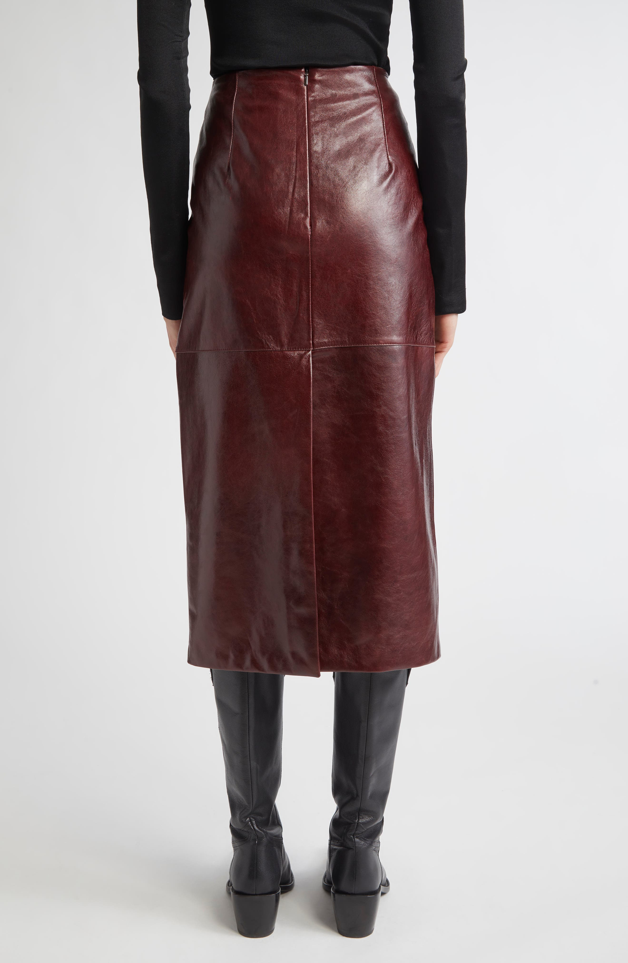 SPORTMAX Afa Lambskin Leather Midi Skirt in Bordeaux at Nordstrom - 2