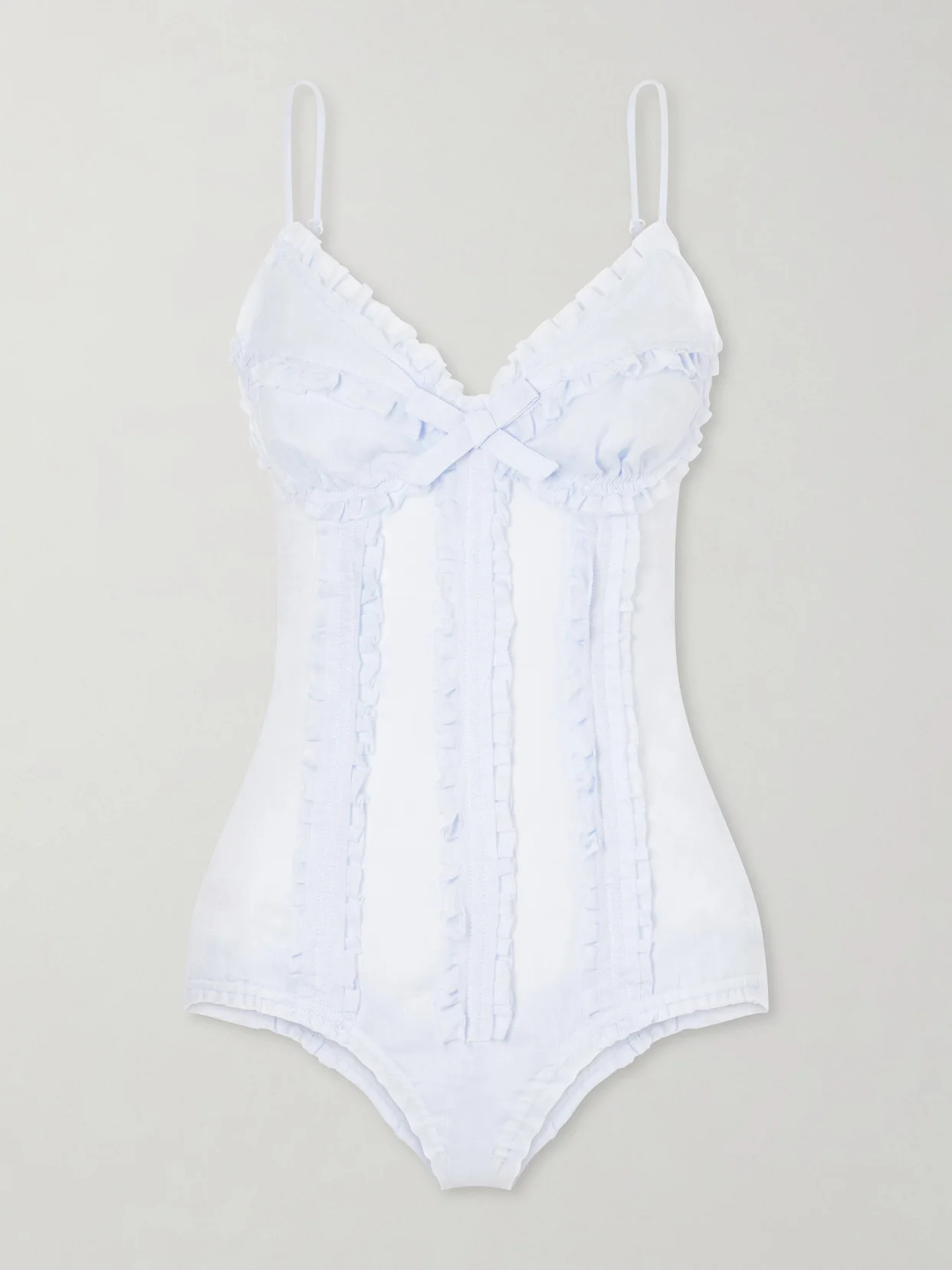 Bow-embellished Ruched Linen Bustier Bodysuit - 1