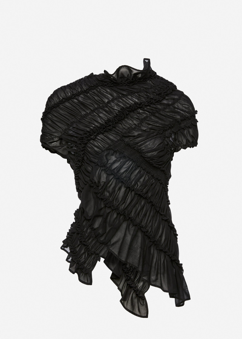 Ruched cotton short sleeve blouse in black 1
