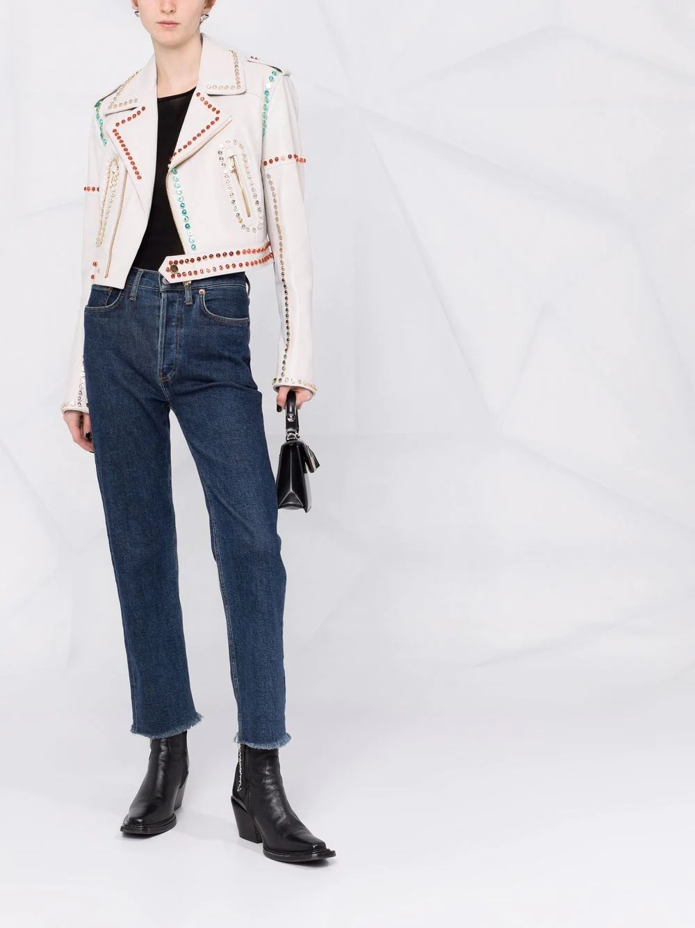 crystal-trim studded cropped biker jacket - 2