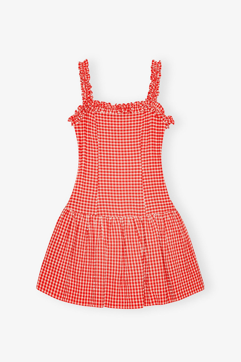 RED STRETCH SEERSUCKER STRAP RUFFLE MINI DRESS 1