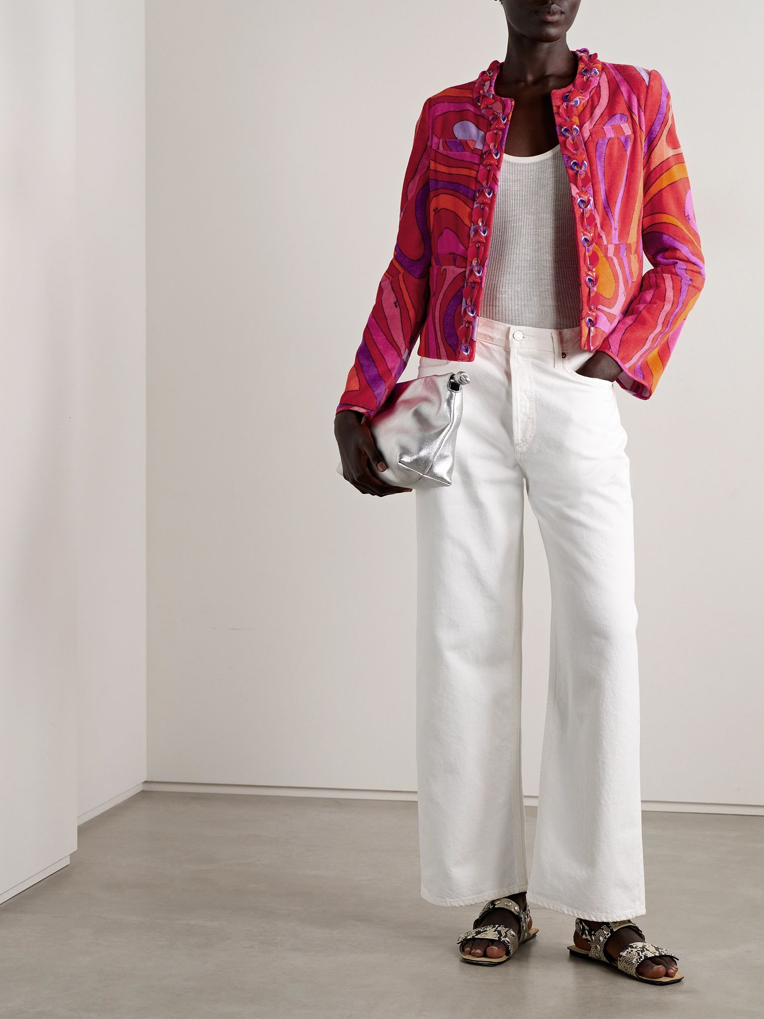 Embellished twill-trimmed printed cotton-terry jacket Fuchsia - 2