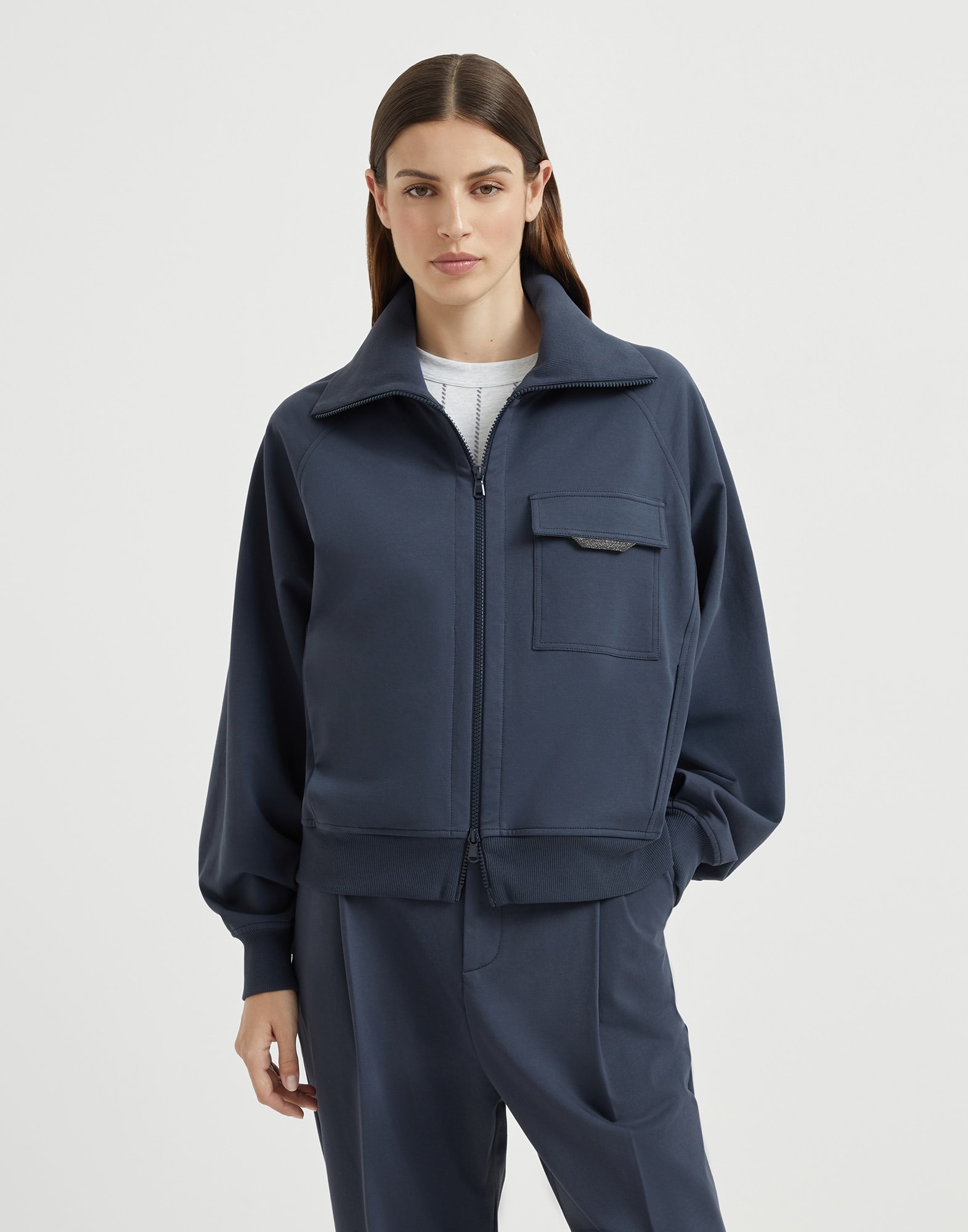 Stretch cotton lightweight French terry sweatshirt with zip and shiny flap detail - 1