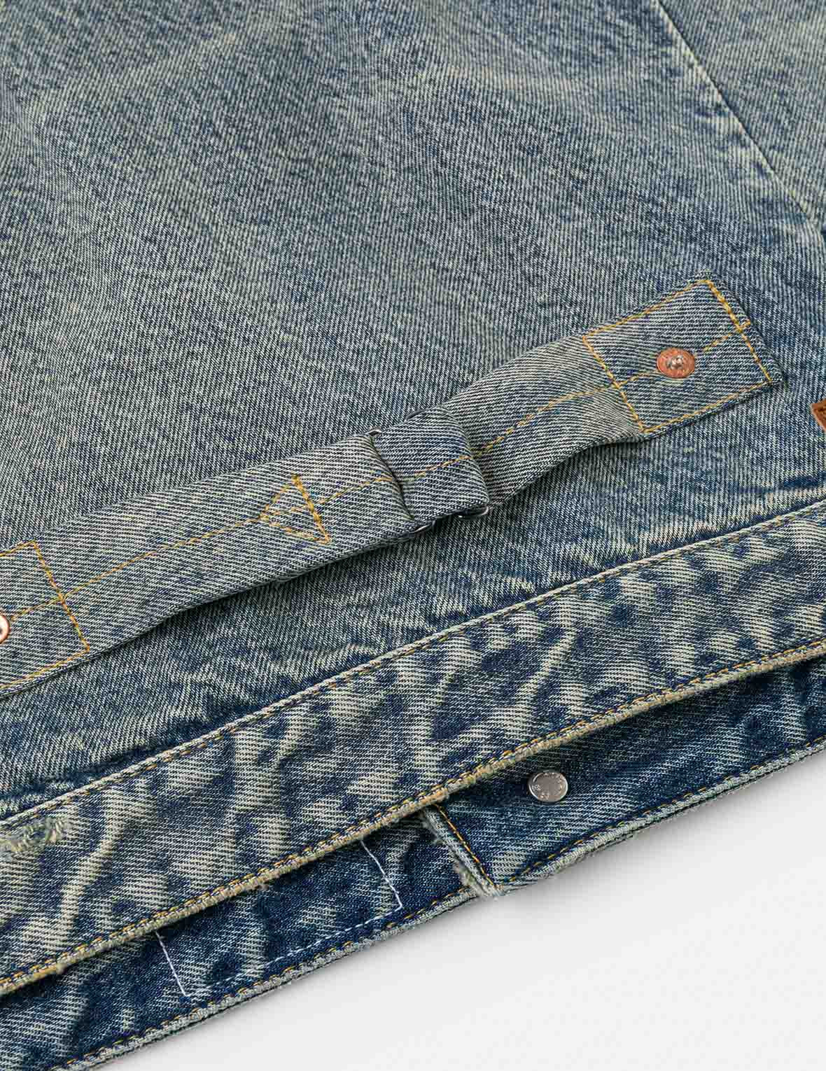 Distressed Seagull Print and Frayed Logo Patch Embroidery Relax Fit Denim Jacket - 14