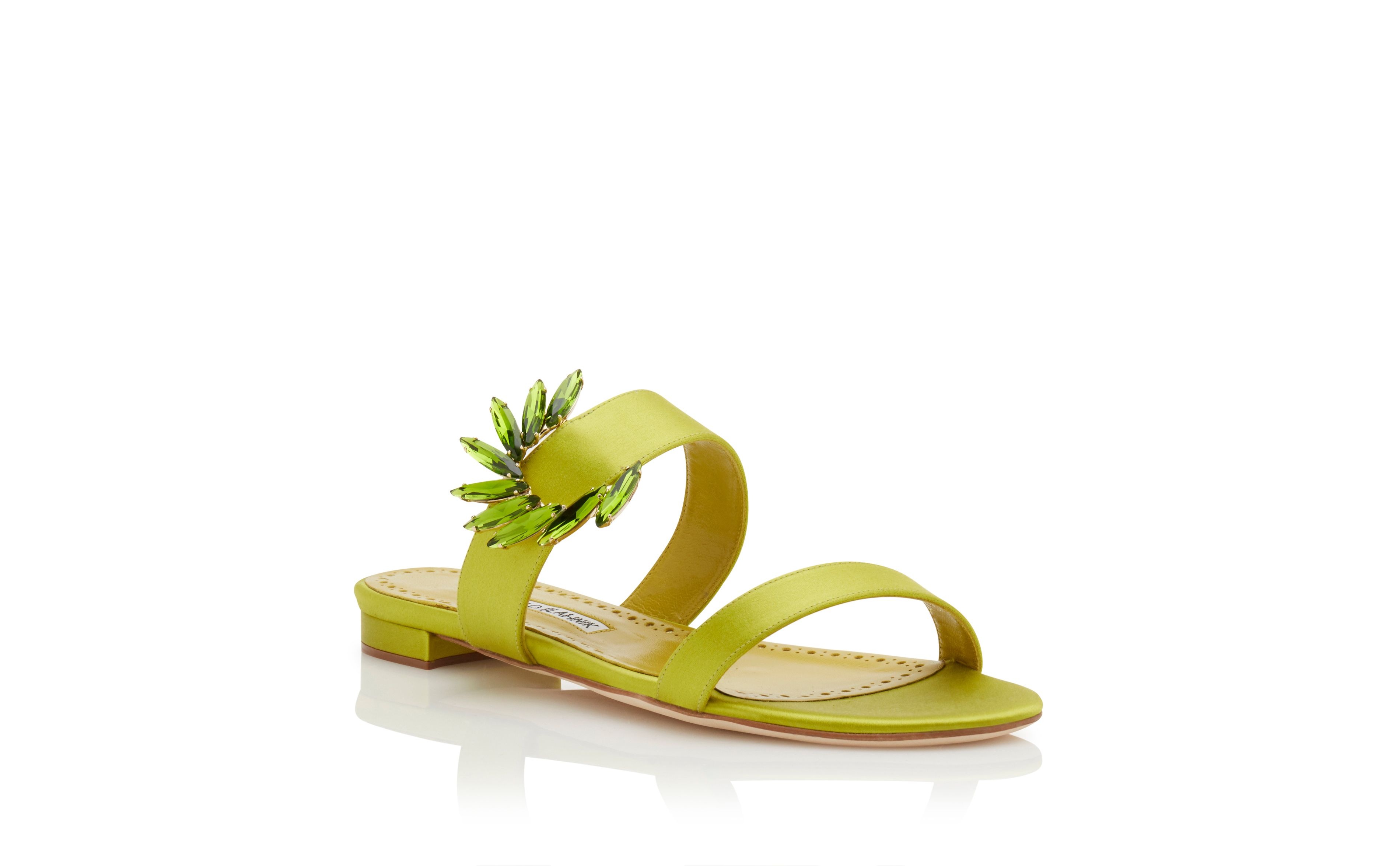 Lime Green Satin Embellished Flat Mules - 3