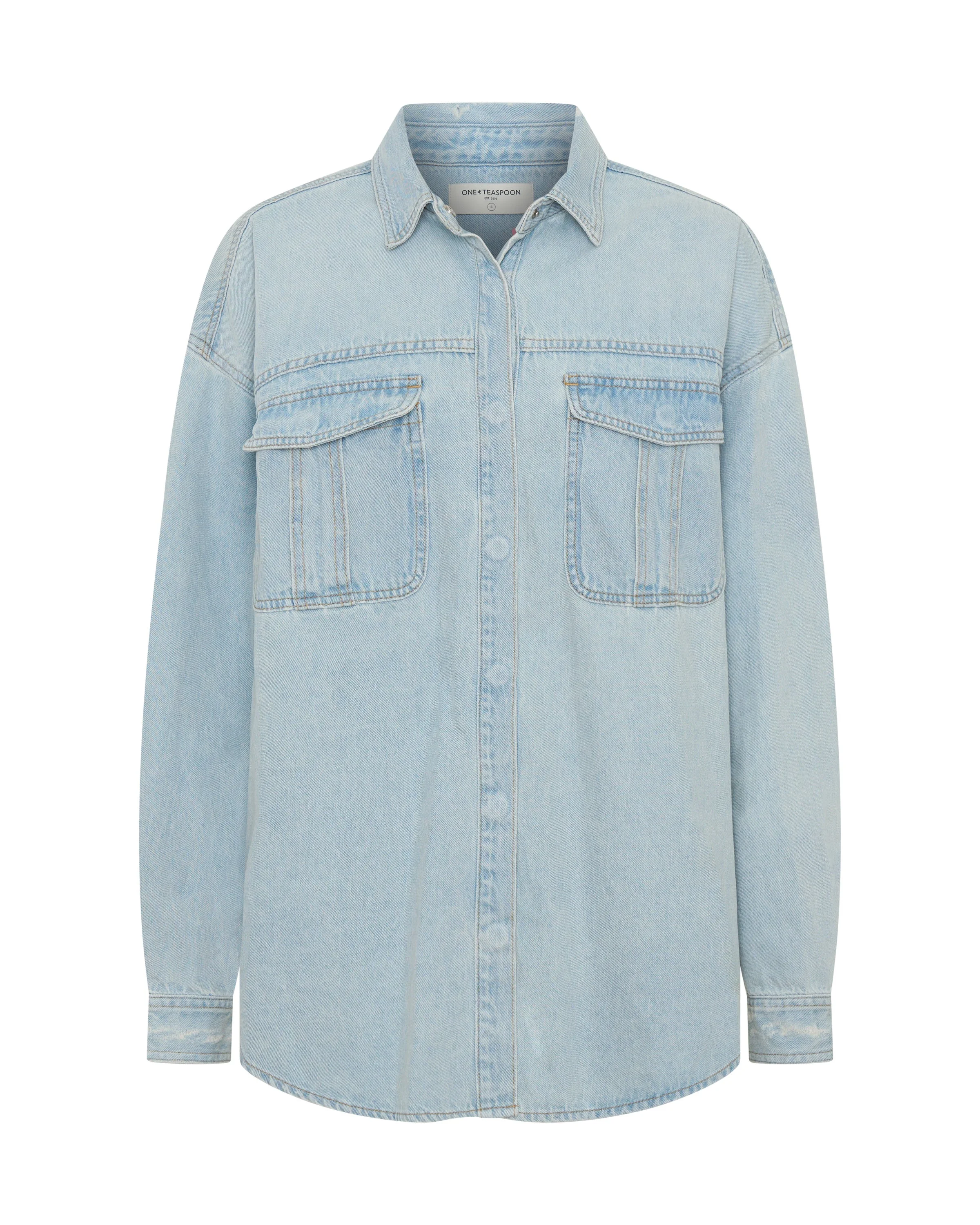 Daydream Heart Oversized Denim Shirt - Sea Mist Blue - 1