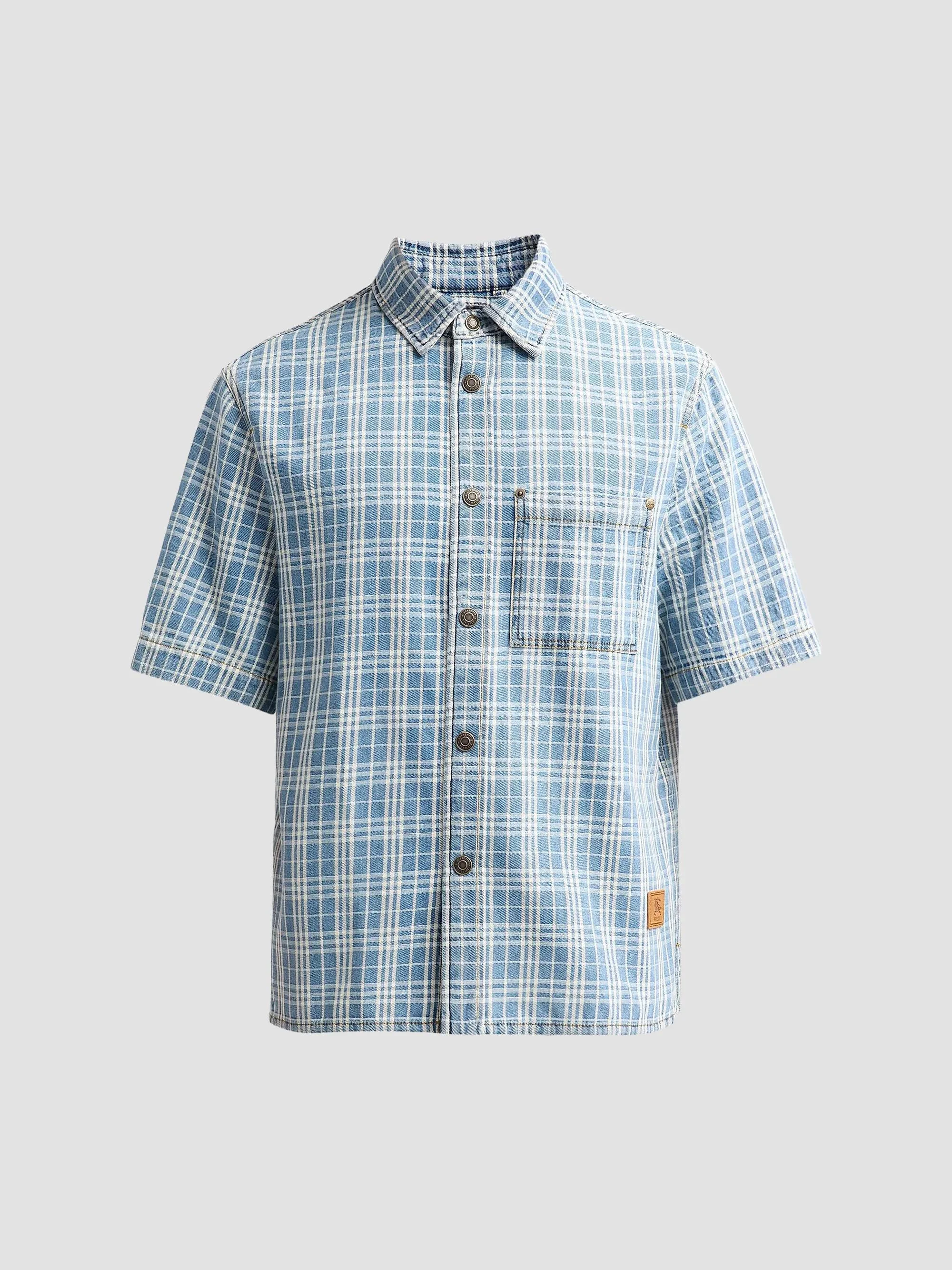 Men's Garret Check Denim Shirt - Light Indigo Blue - 1