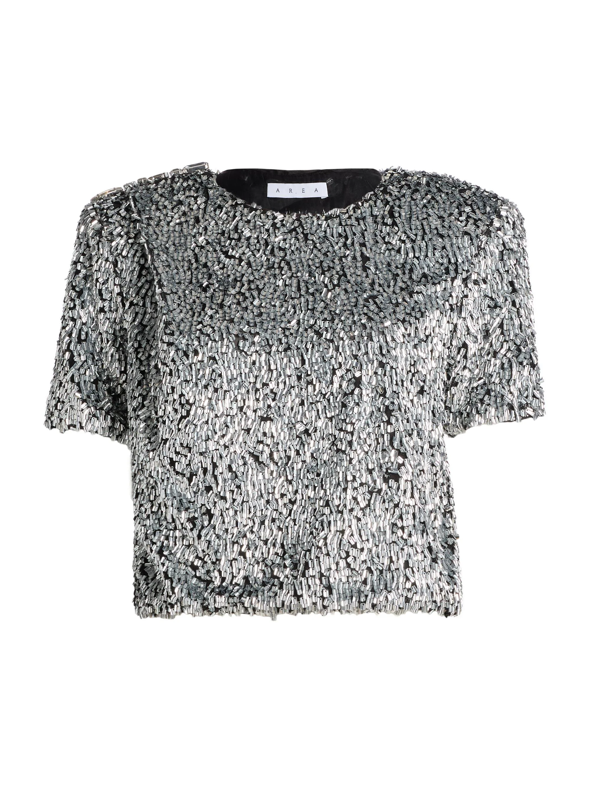 Women's Metallic Beaded Crop T-Shirt - Silver - 1