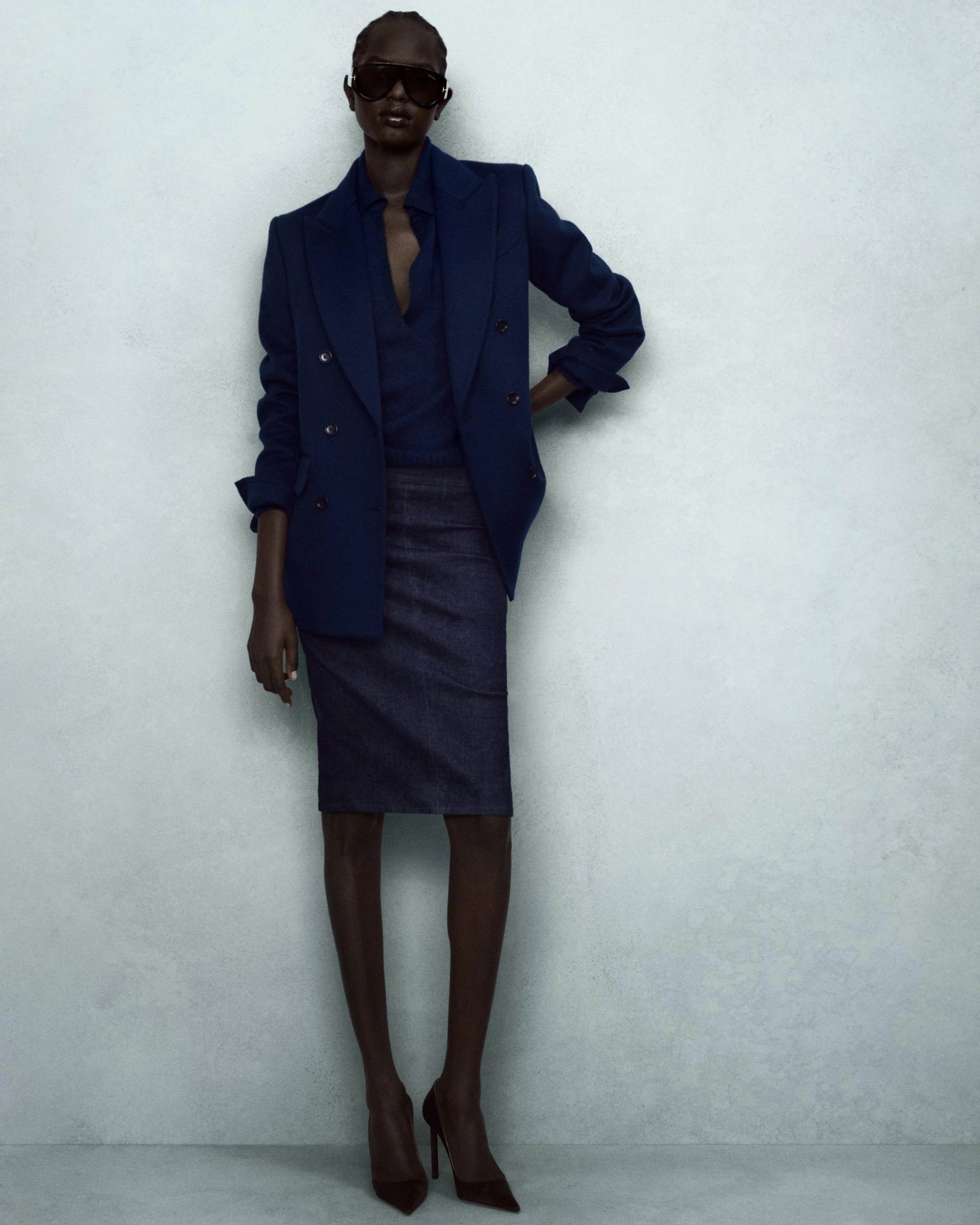 KNEE-LENGTH TAILORED DENIM SKIRT - 1