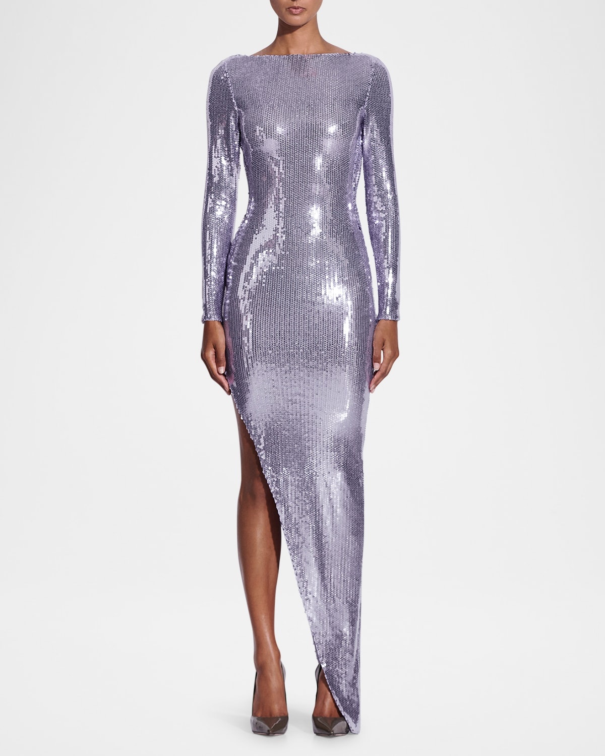 Sequined Mesh Long-Sleeve Draped Backless Asymmetric Gown - 2