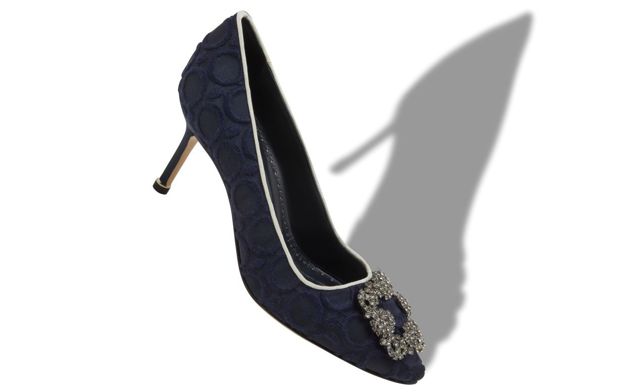 Navy Blue Silk Jewel Buckle Pumps - 2