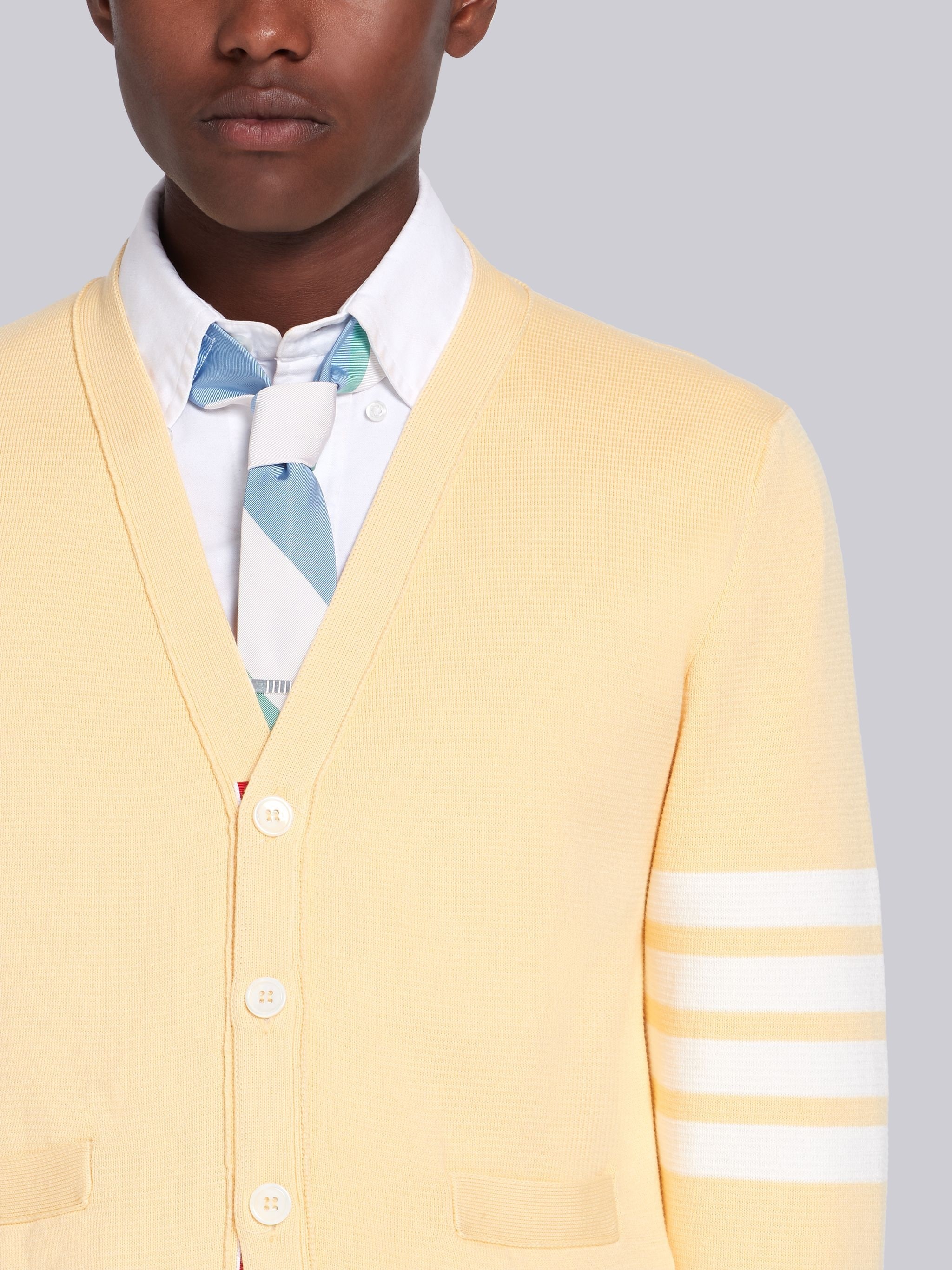 Yellow Cotton V-Neck 4-Bar Cardigan - 5