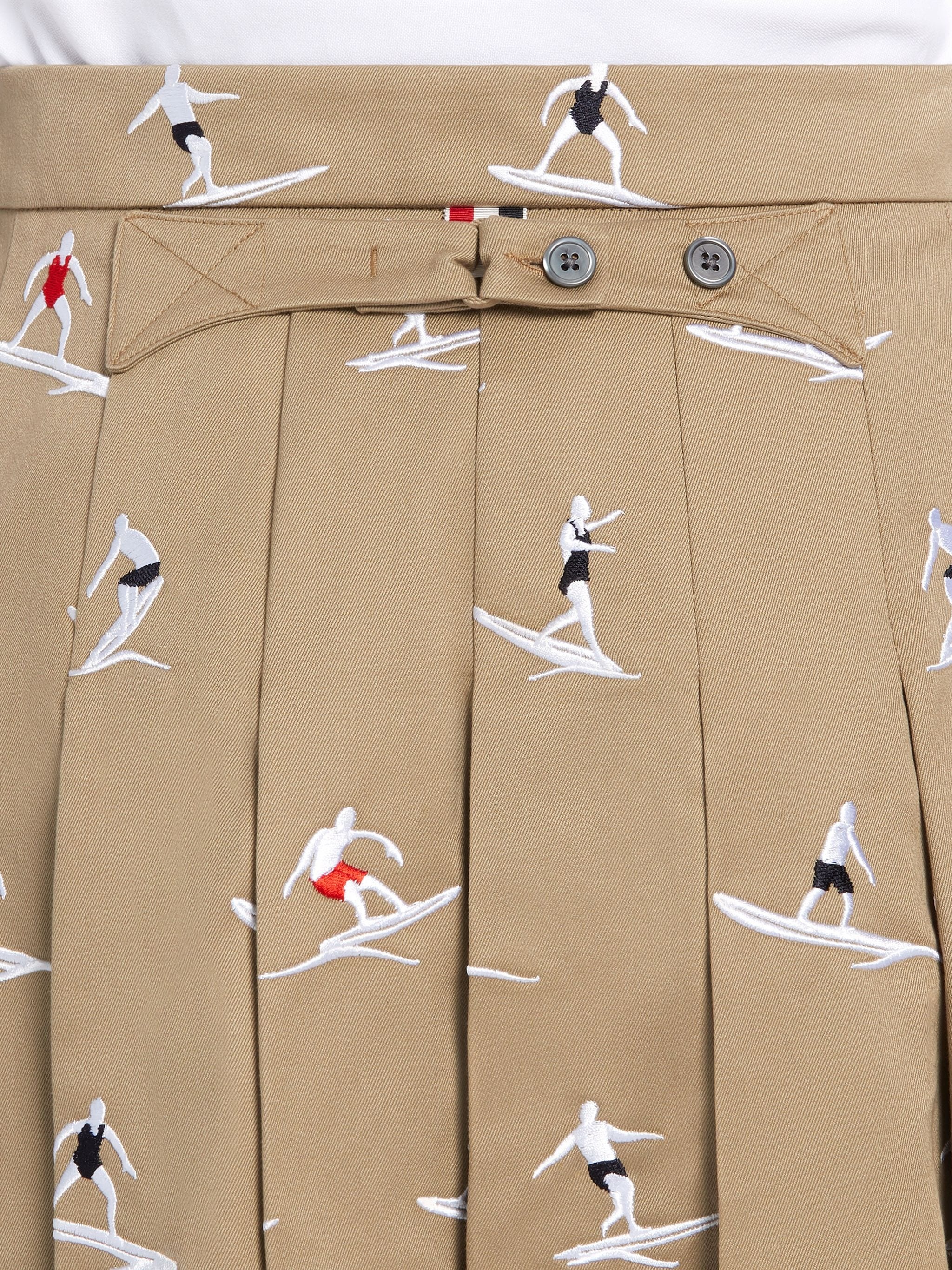 Khaki Cotton Twill Half Drop Surfers Embroidered Classic Knee Length Pleated Skirt - 6