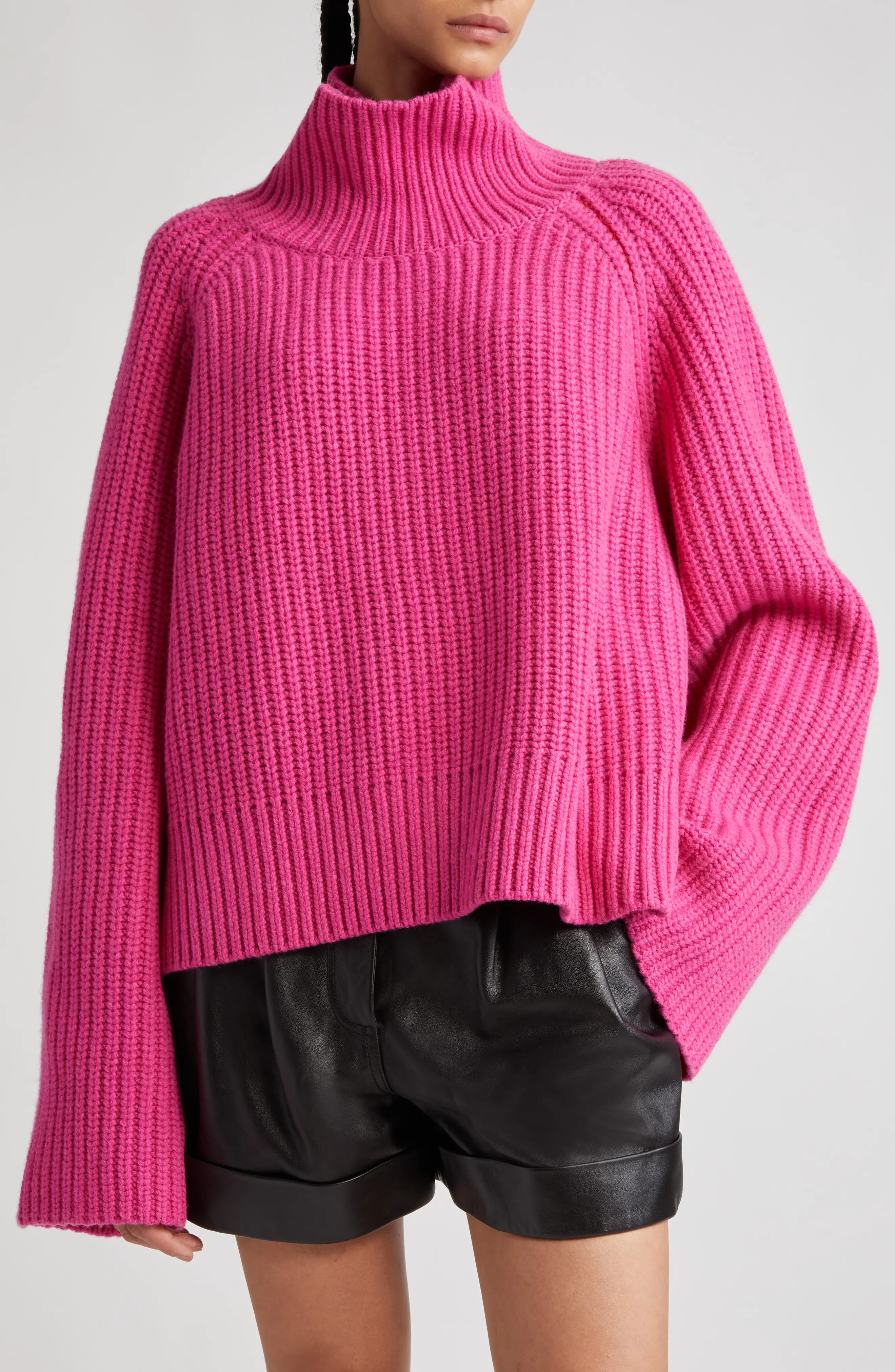 Funnel Neck Crop Wool Rib Sweater in Fuchsia/Bright Poppy - 1