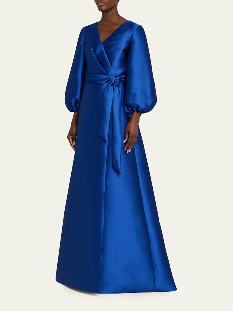 REEM ACRA Bishop-Sleeve Mikado Pique Wrap Gown outlook
