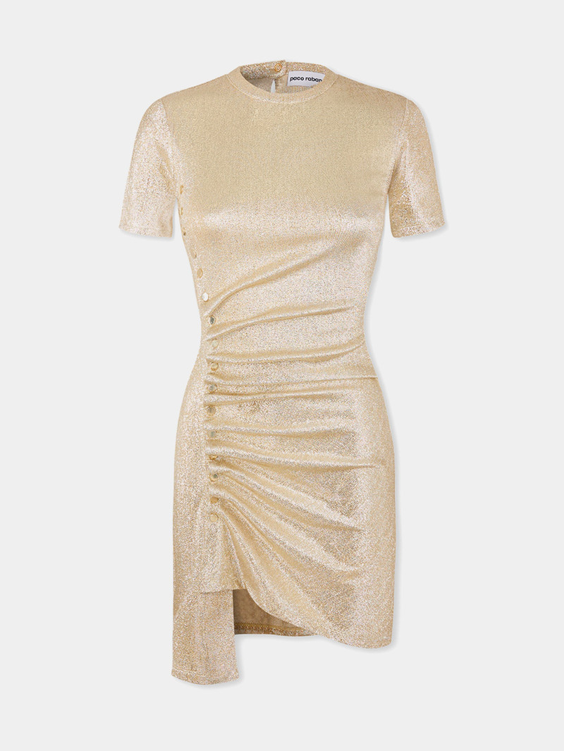 GOLD DRAPÉ PRESSION MINI DRESS IN JERSEY 1