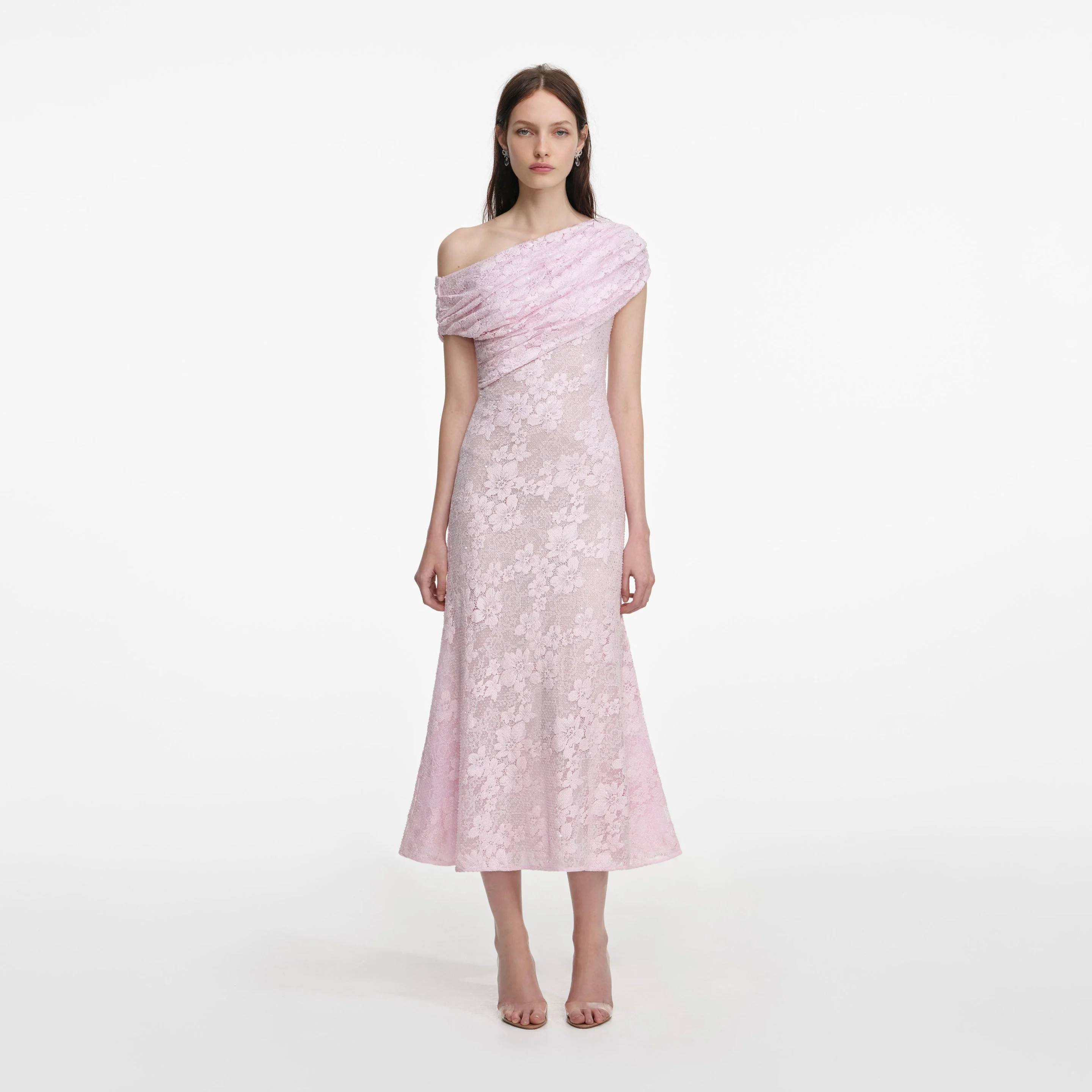 Pink Rhinestone Lace Asymmetric Midi Dress - 1