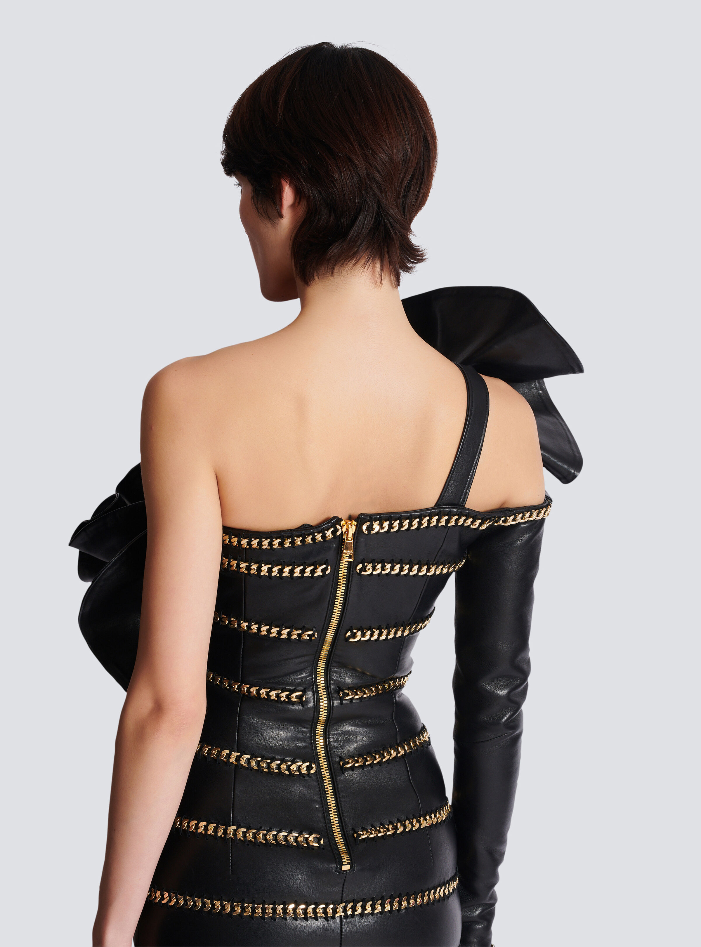 Asymmetric leather bodycon dress with chains - 8