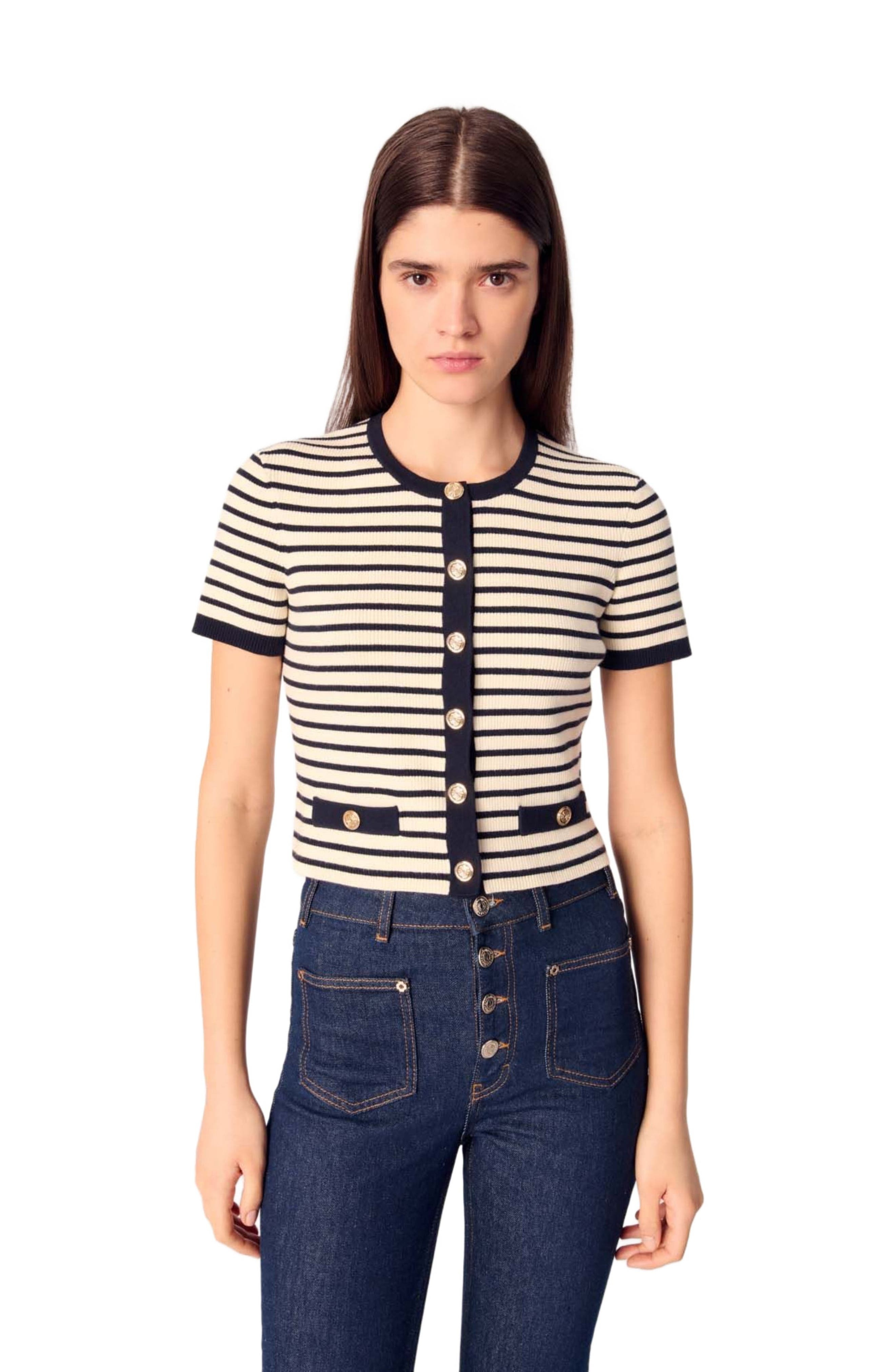 maje Cropped rib knit cardigan in Ecru/navy Blue at Nordstrom - 4