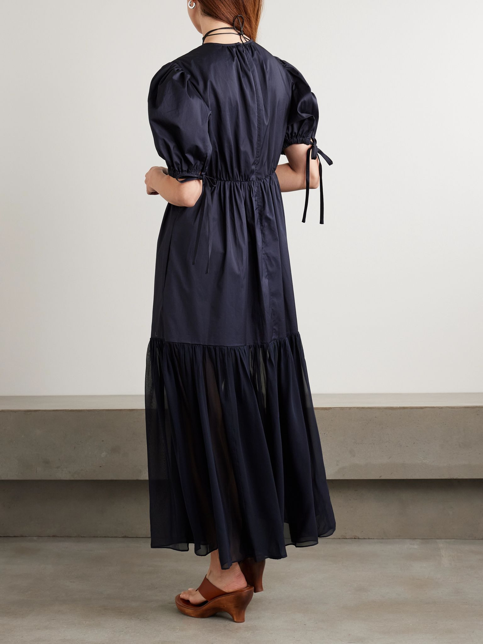 Collage gathered cotton-poplin and silk-georgette midi dress Navy - 3