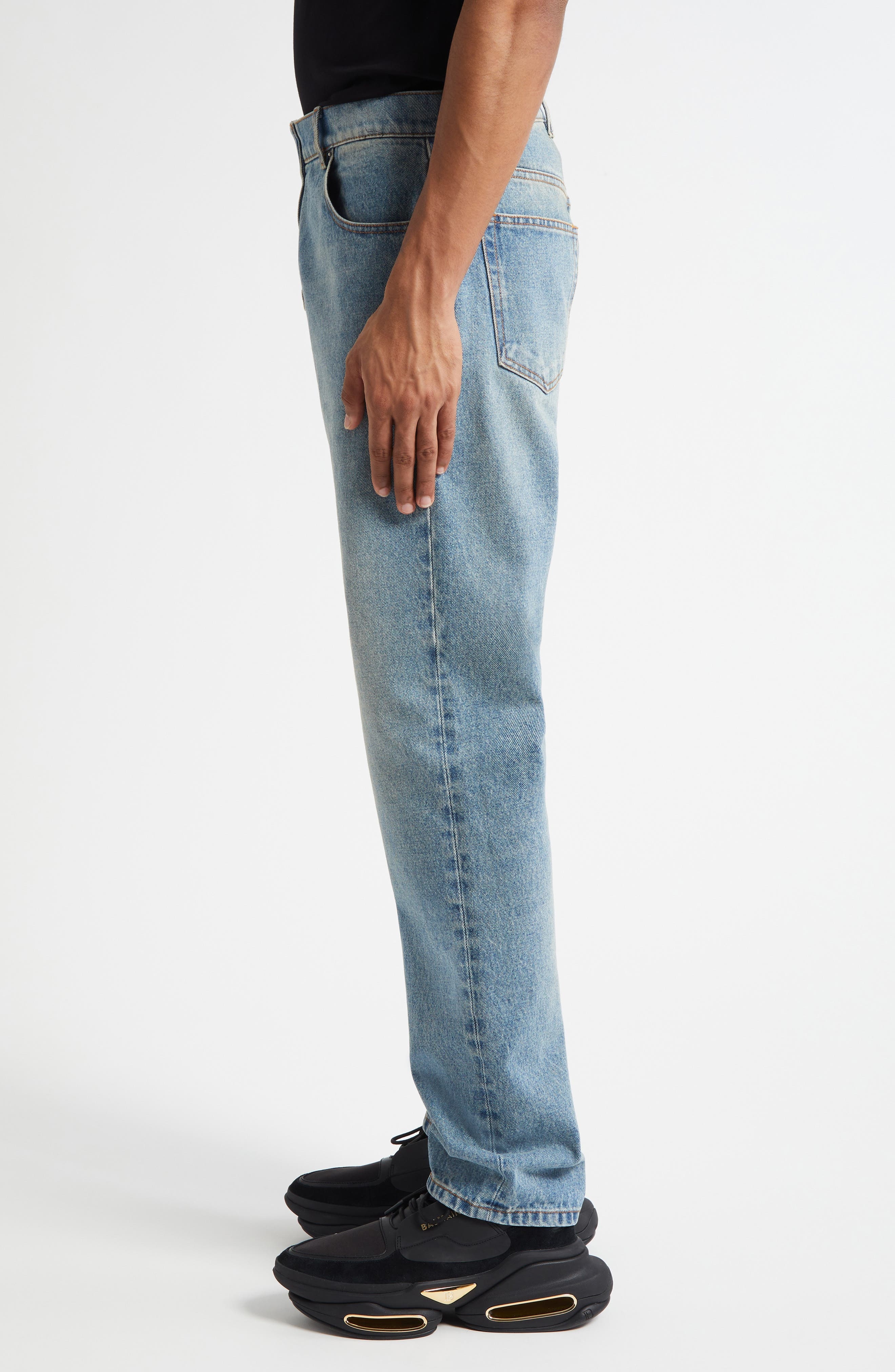 Balmain Regular Fit Straight Leg Jeans in 6Aw Washed Blue Jean at Nordstrom - 4