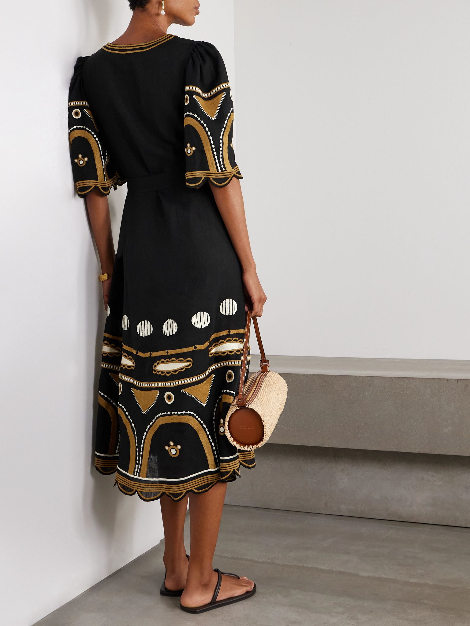 Ornament belted embroidered linen midi dress Black - 3