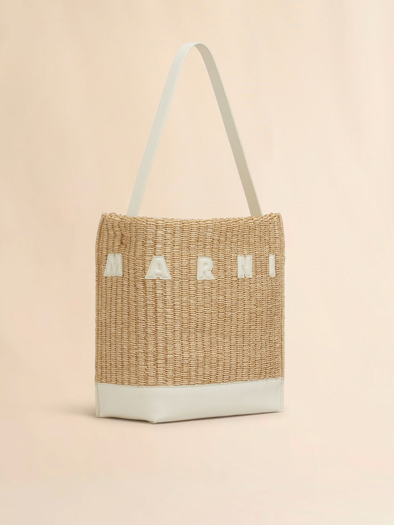 SMALL NATURAL WOVEN FABRIC MUSEO HOBO BAG WITH LEATHER PATCHES - 1
