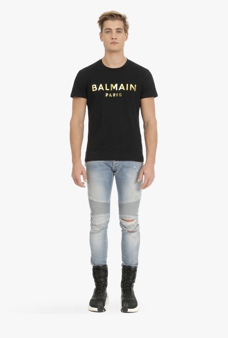 Black cotton T-shirt with gold metallic-effect Balmain Paris logo - 4