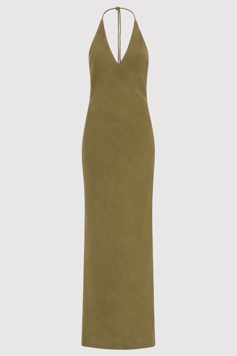 Linen Bias Halter Dress - Olive 1