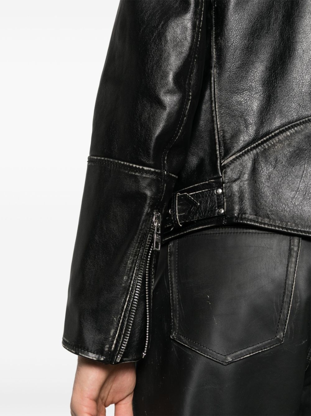 zipped leather biker jacket - 5