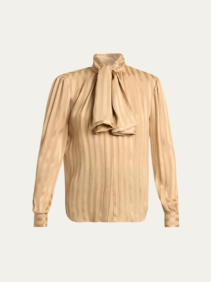 Lavalliere Striped Silk Long-Sleeve Blouse - 1