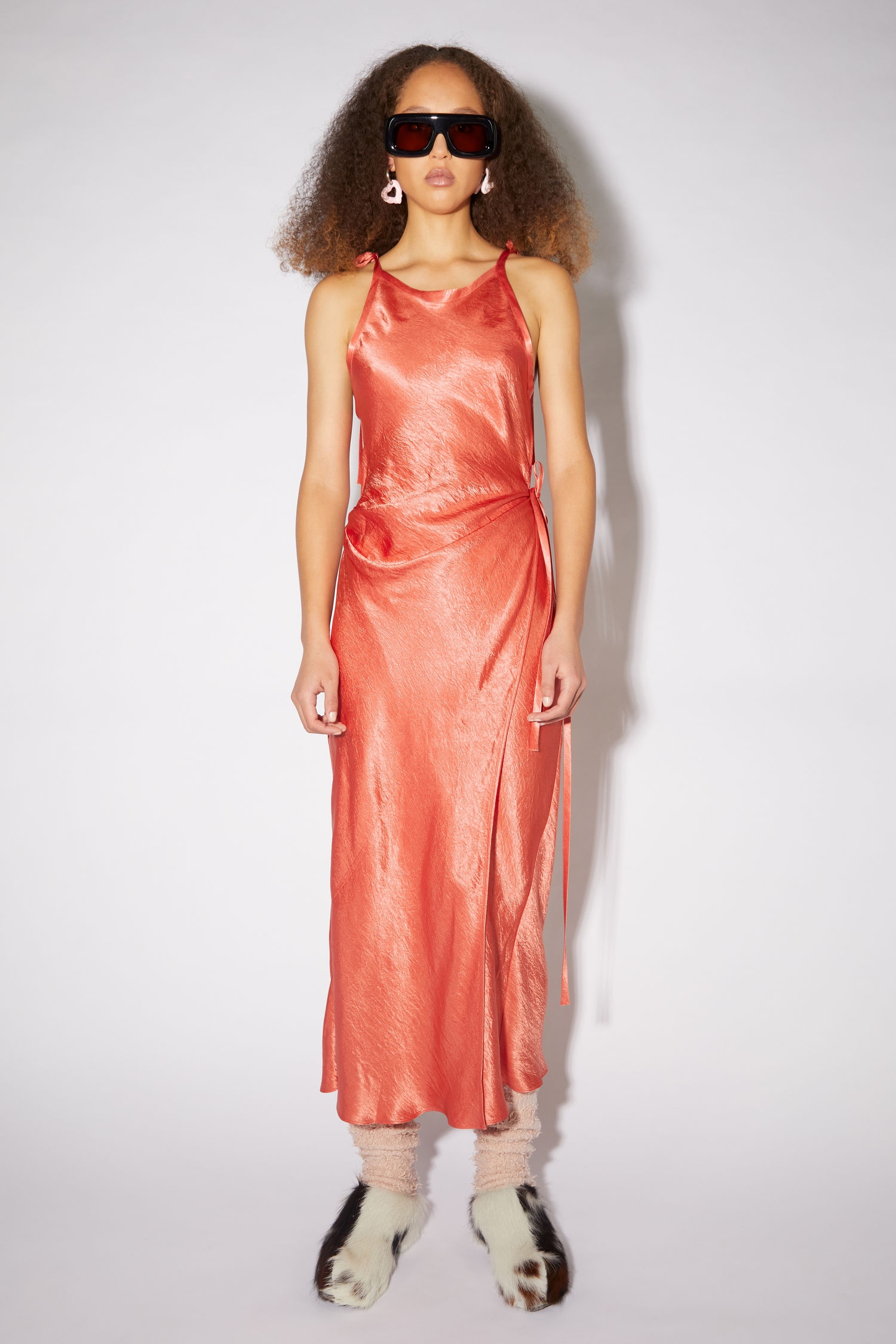 Hammered satin dress - Coral red - 2