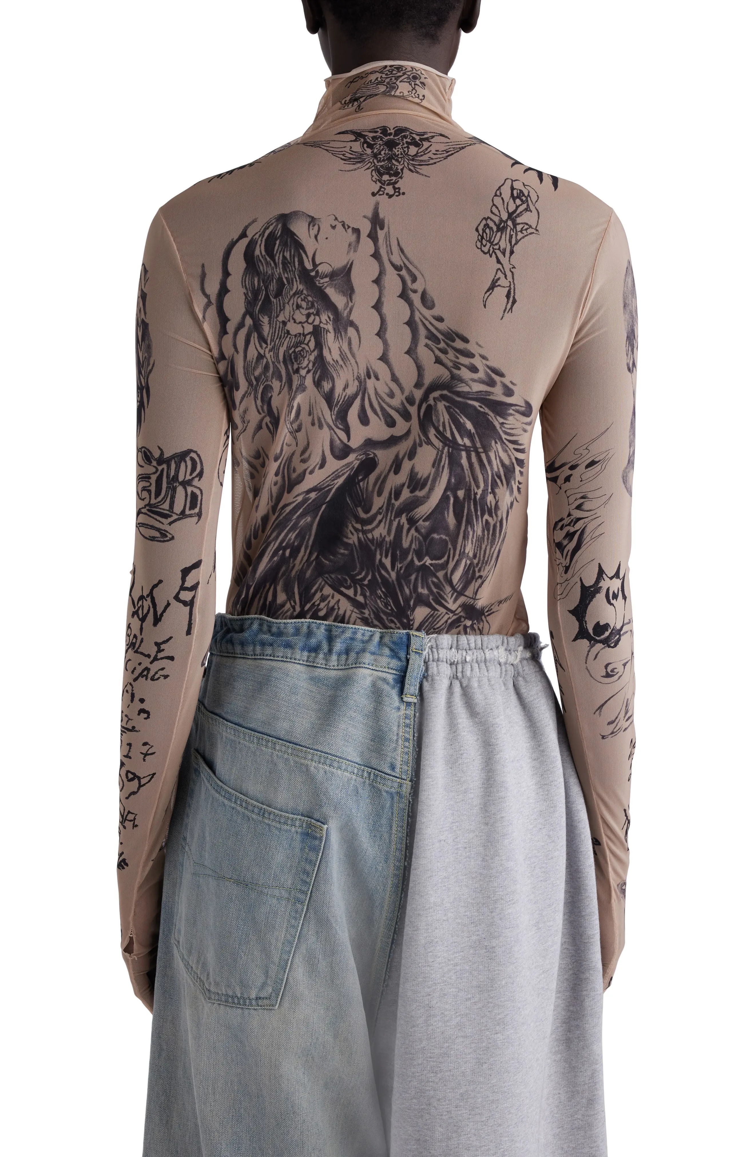 BALENCIAGA Tattoo Mock Neck Glove Sleeve Top | nordstrom