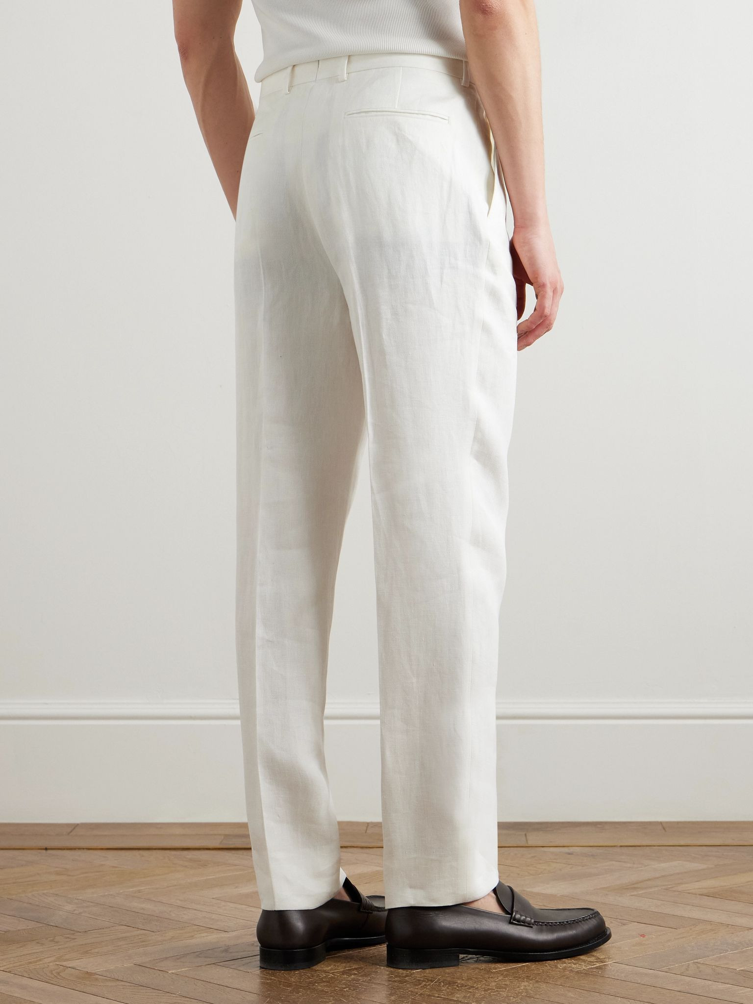 Straight-Leg Pleated Linen-Twill Trousers White - 4