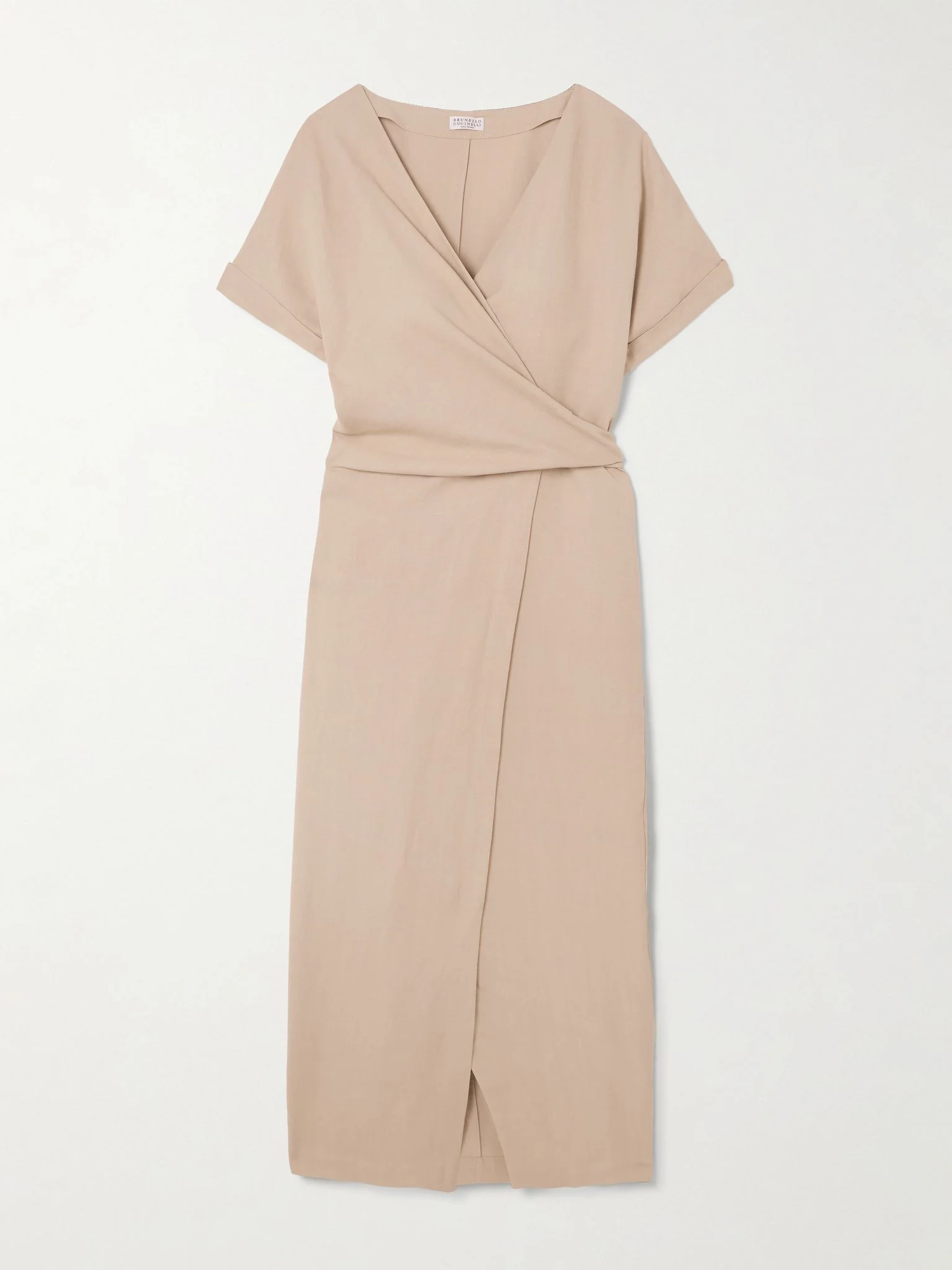 Bead-embellished woven midi wrap dress Sand - 1