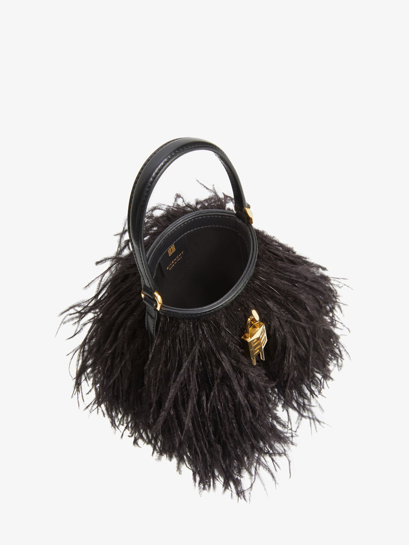 MICRO SHARK LOCK BUCKET BAG IN SATIN WITH FEATHERS 6