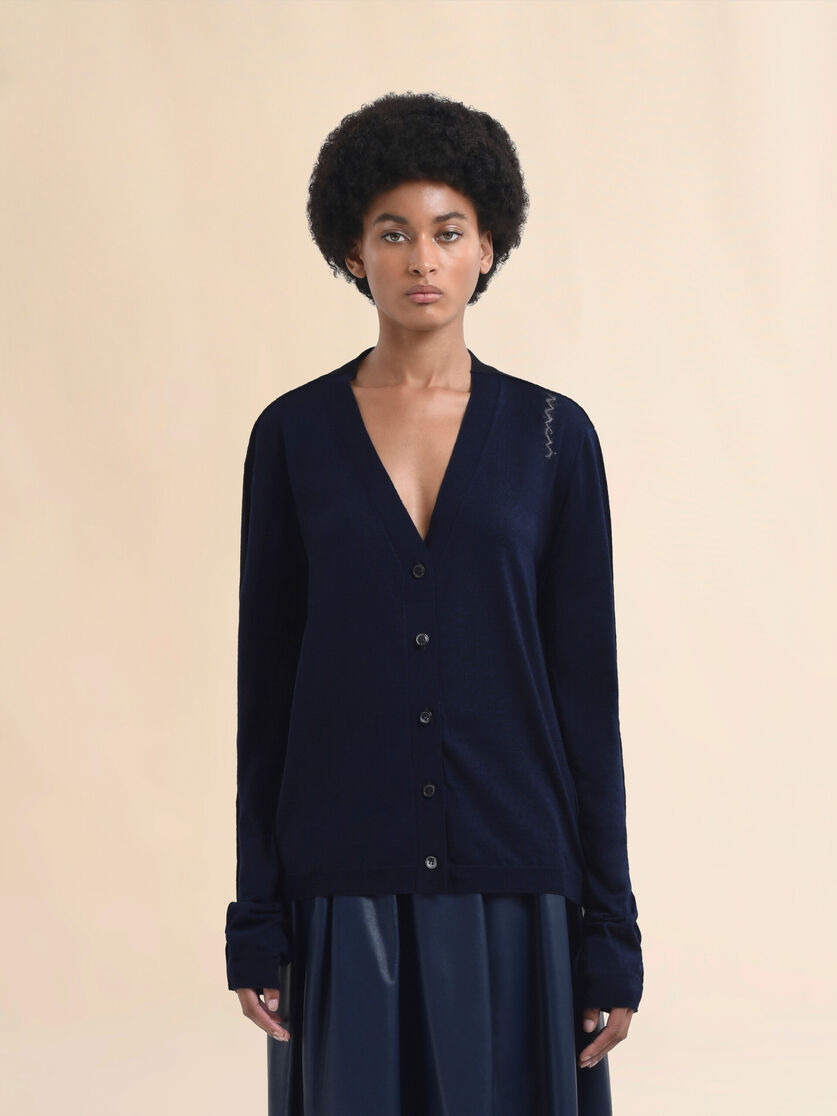 BLUE SILK AND WOOL BLEND CARDIGAN WITH CONTRASTING BACK PANEL - 2
