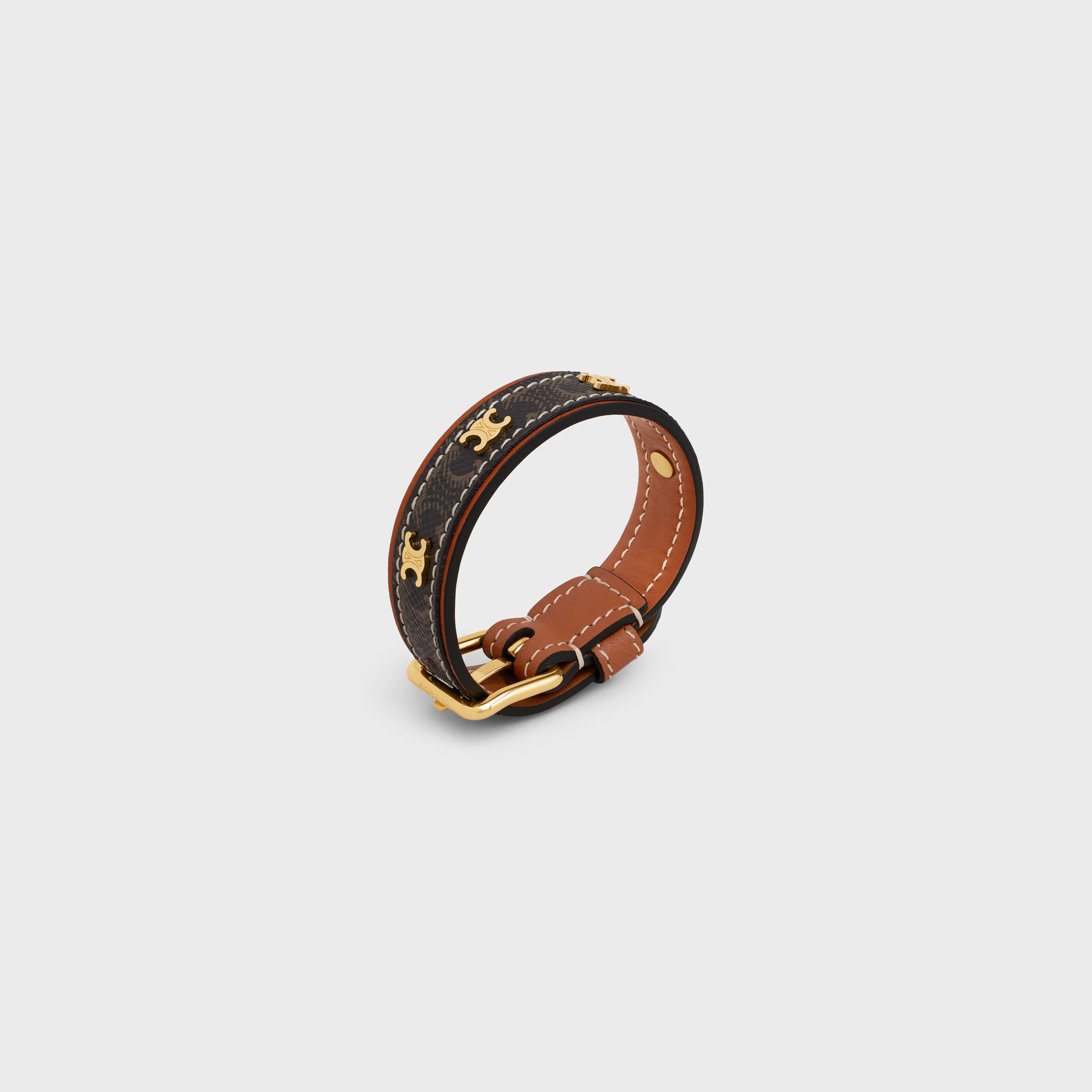 Triomphe Canvas Triomphe Leather Bracelet in Brass with Gold Finish, Calfskin and Canvas - 2