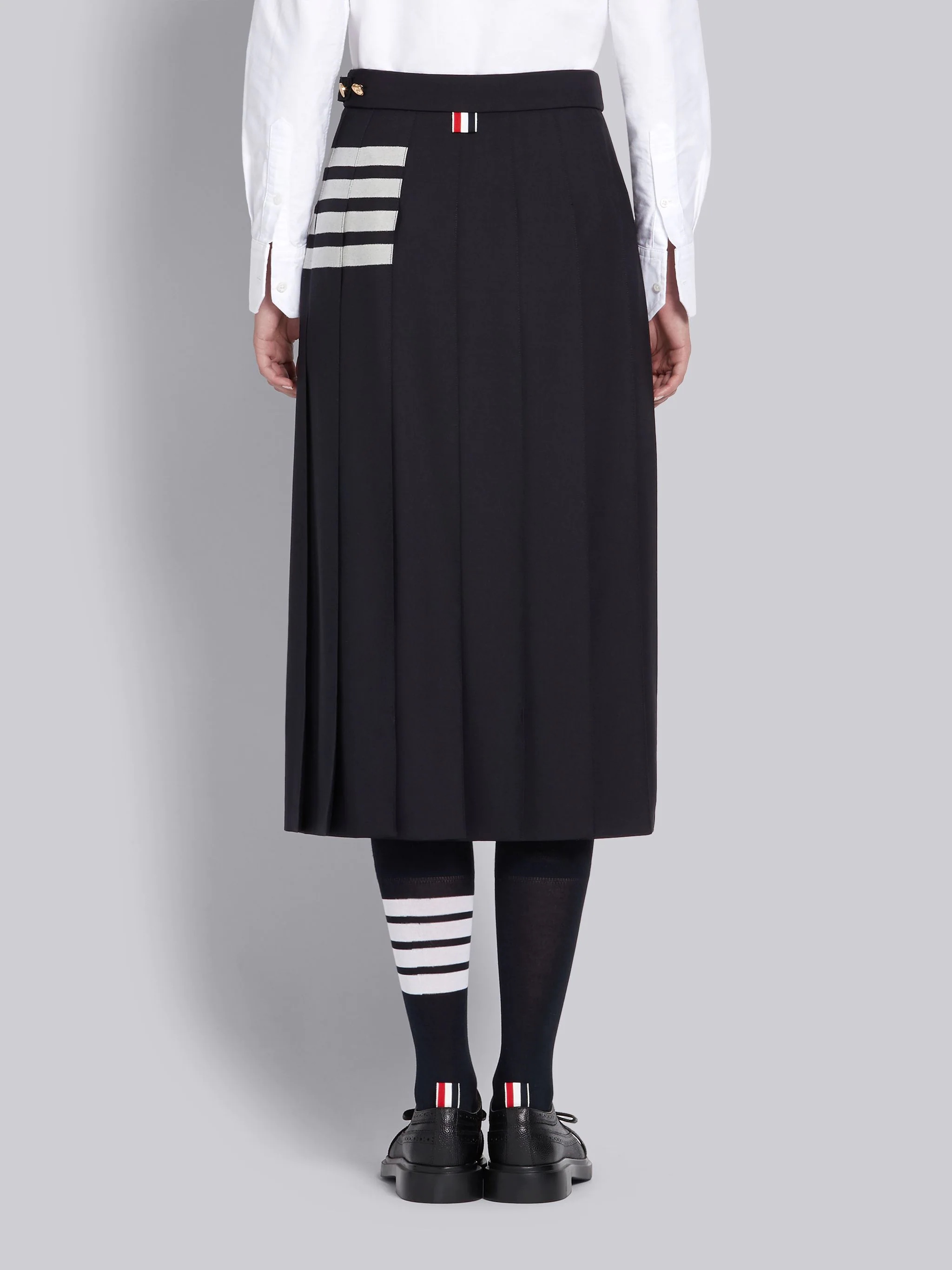 Navy Wool Plain Weave Pleated 4-Bar Skirt - 3