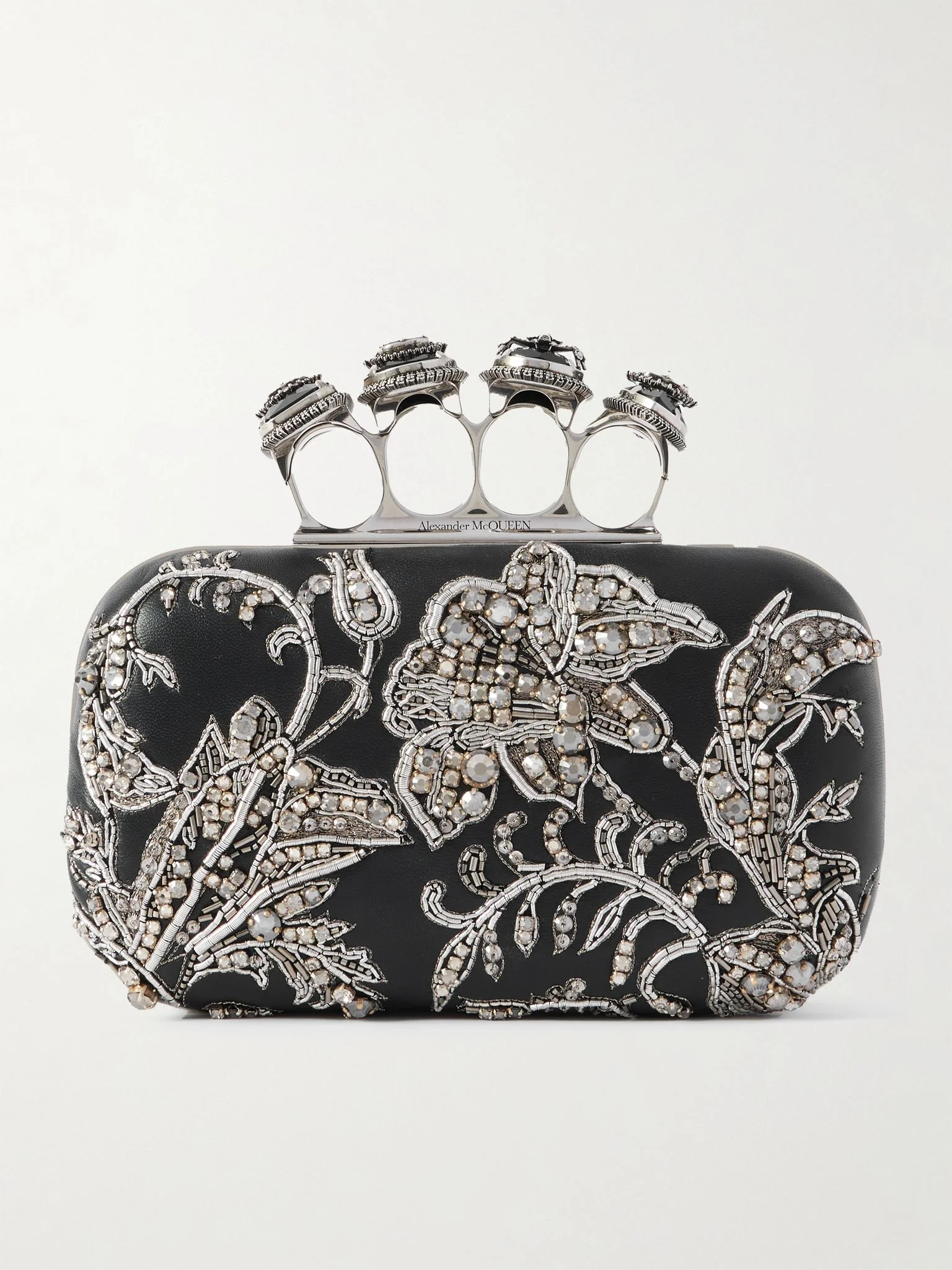 Crystal-embellished embroidered leather clutch Silver - 1
