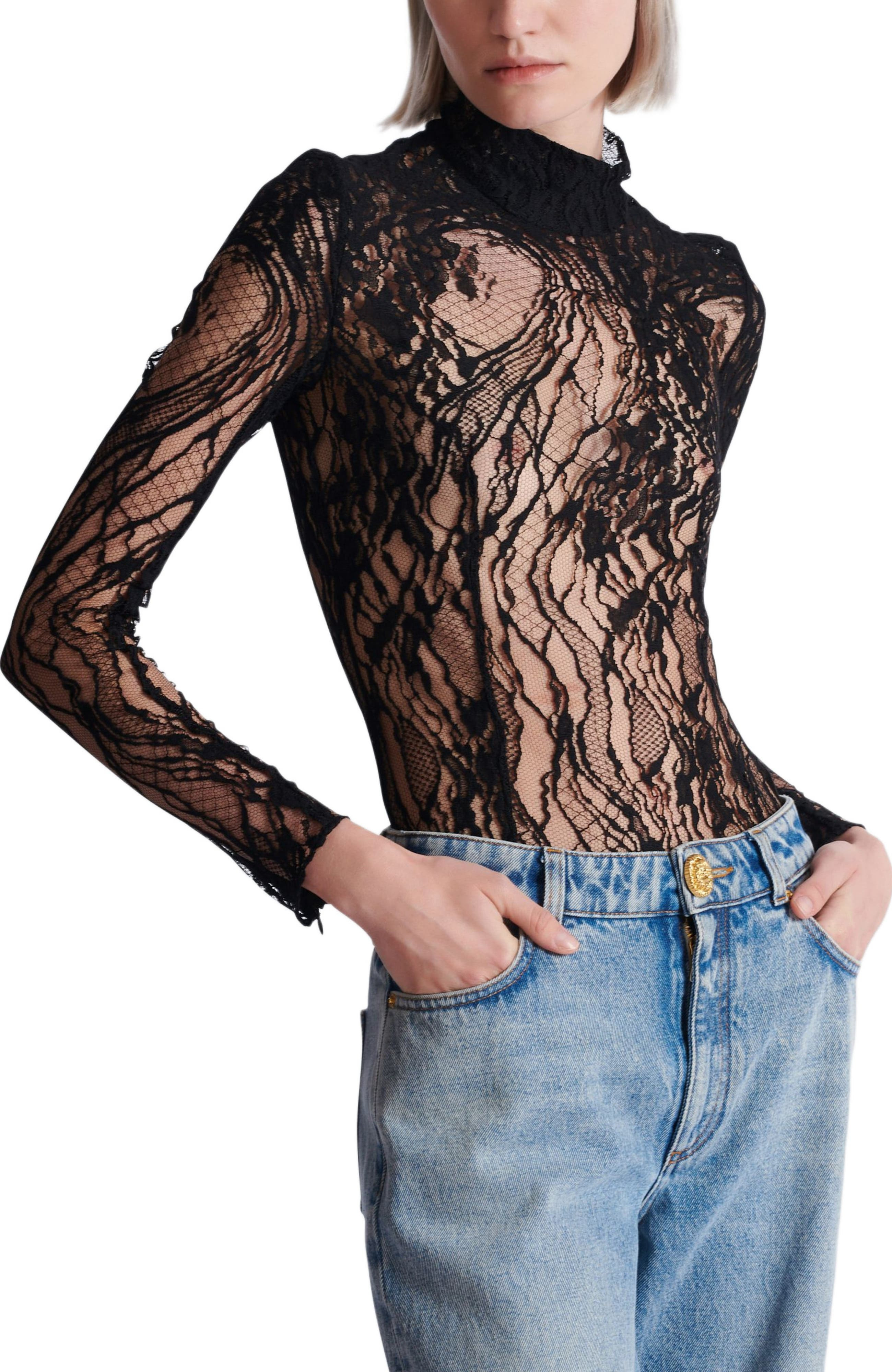 Balmain Long-sleeved lace body in Black at Nordstrom - 4
