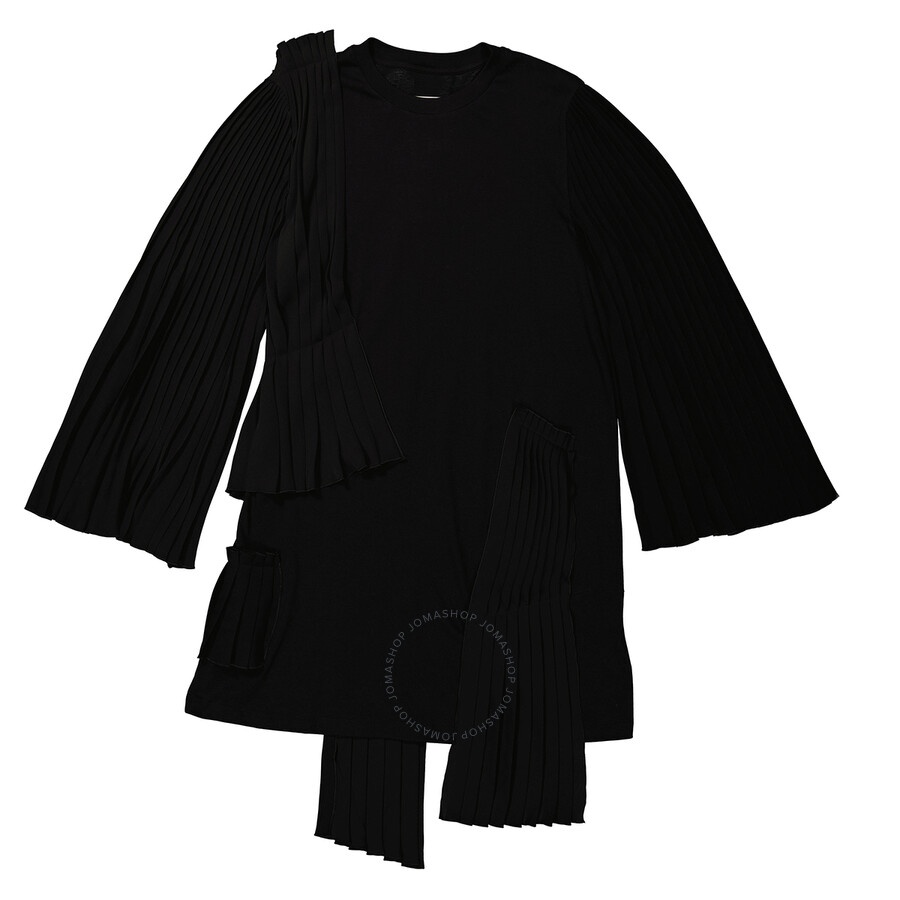 MM6 Ladies Black Asymmetrical Pleated Cotton Jersey Dress - 1