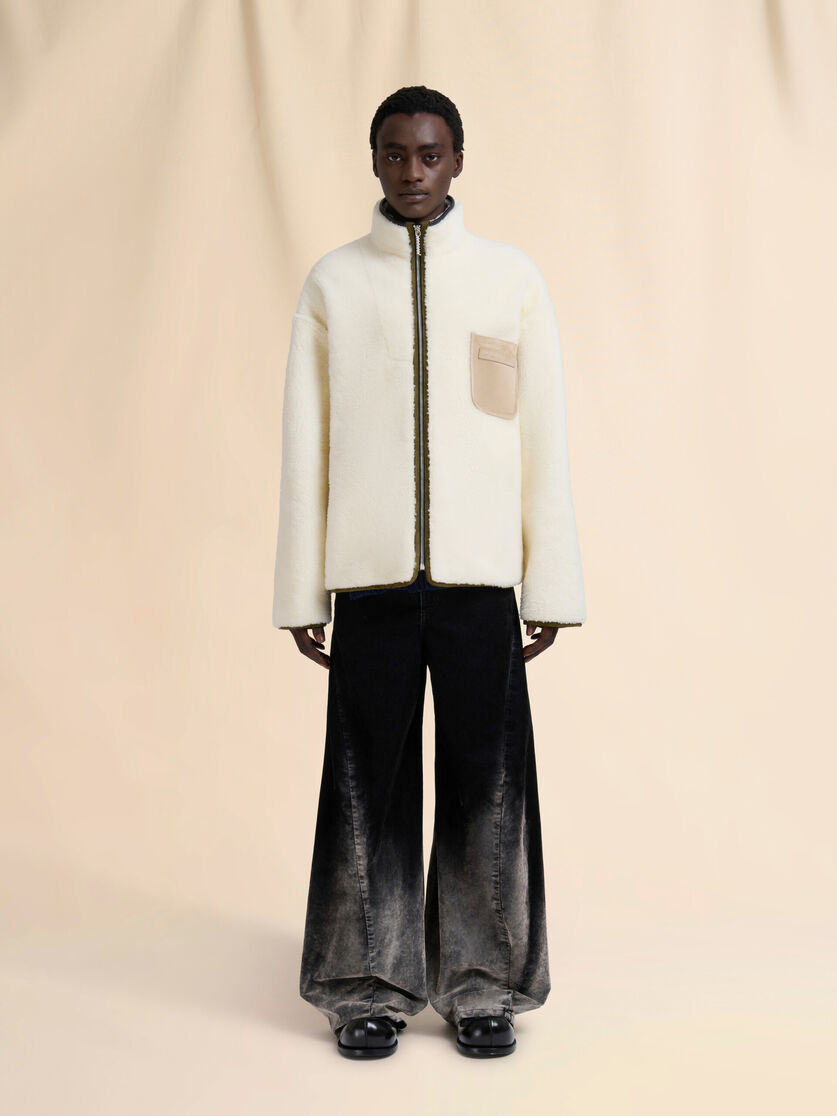 CREAM SHEARLING JACKET WITH LEATHER PIPING - 2