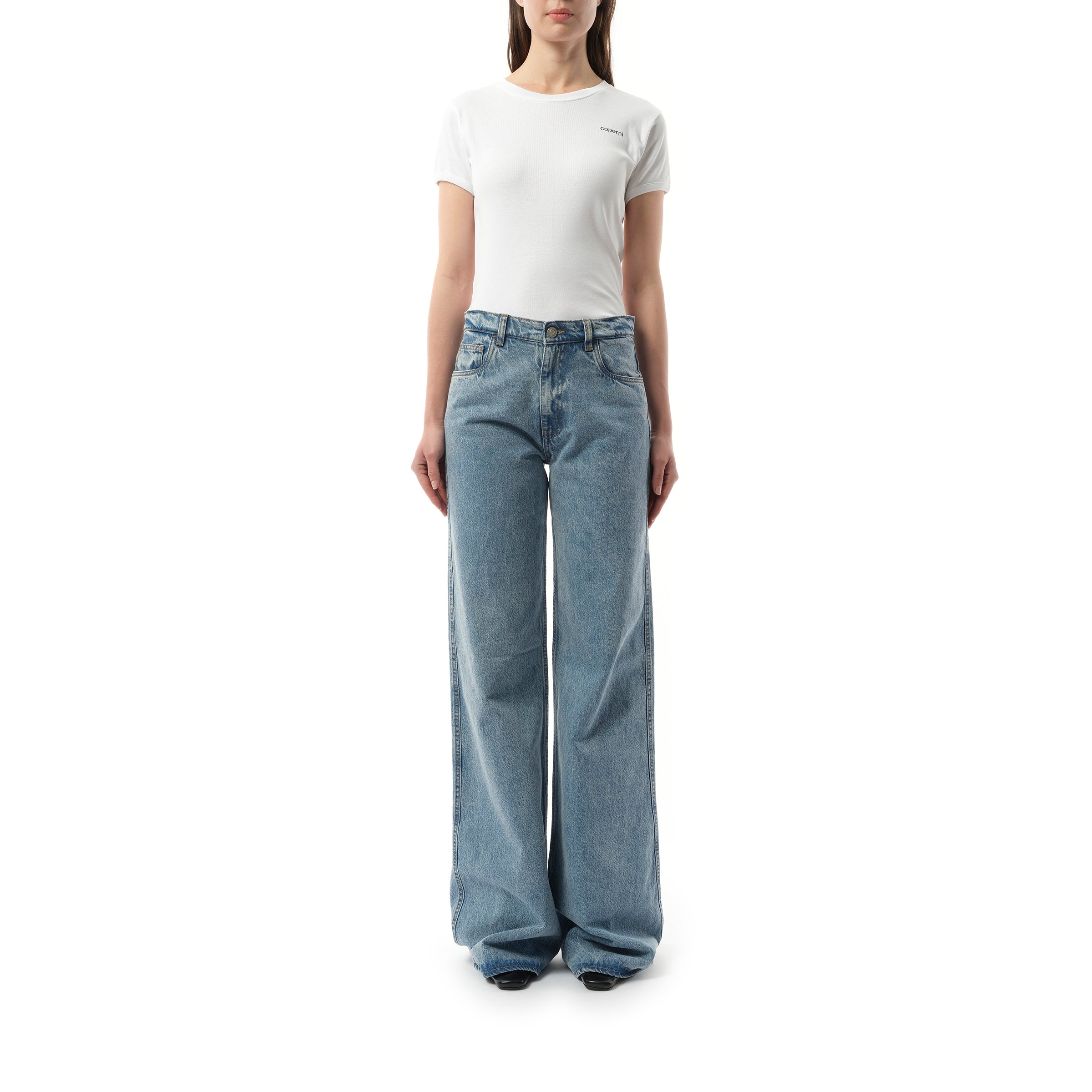 Wide Leg Denim Pants in Blue Washed - 4