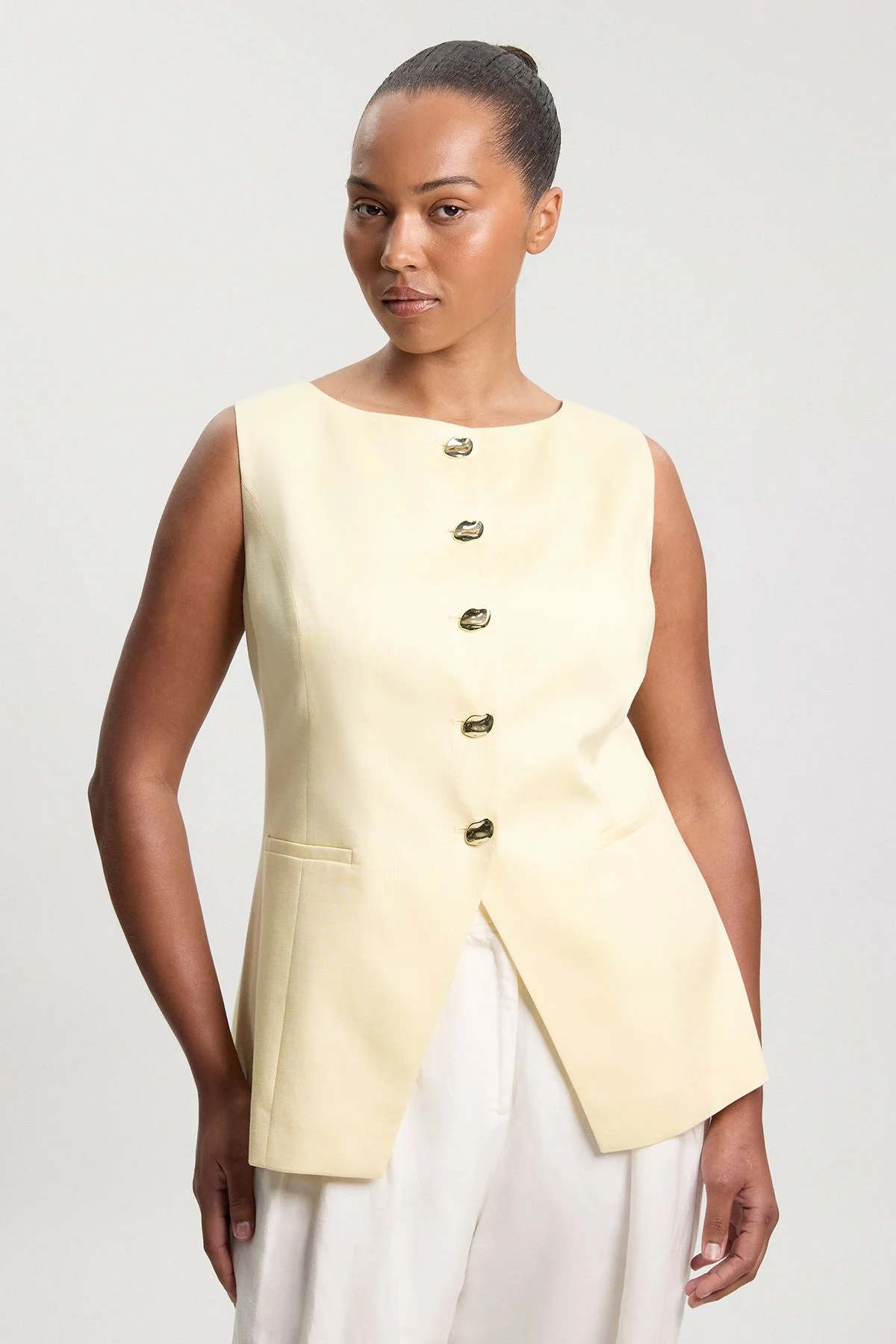 Plus Size Tailored Linen Statement Button Front Waistcoat - 1