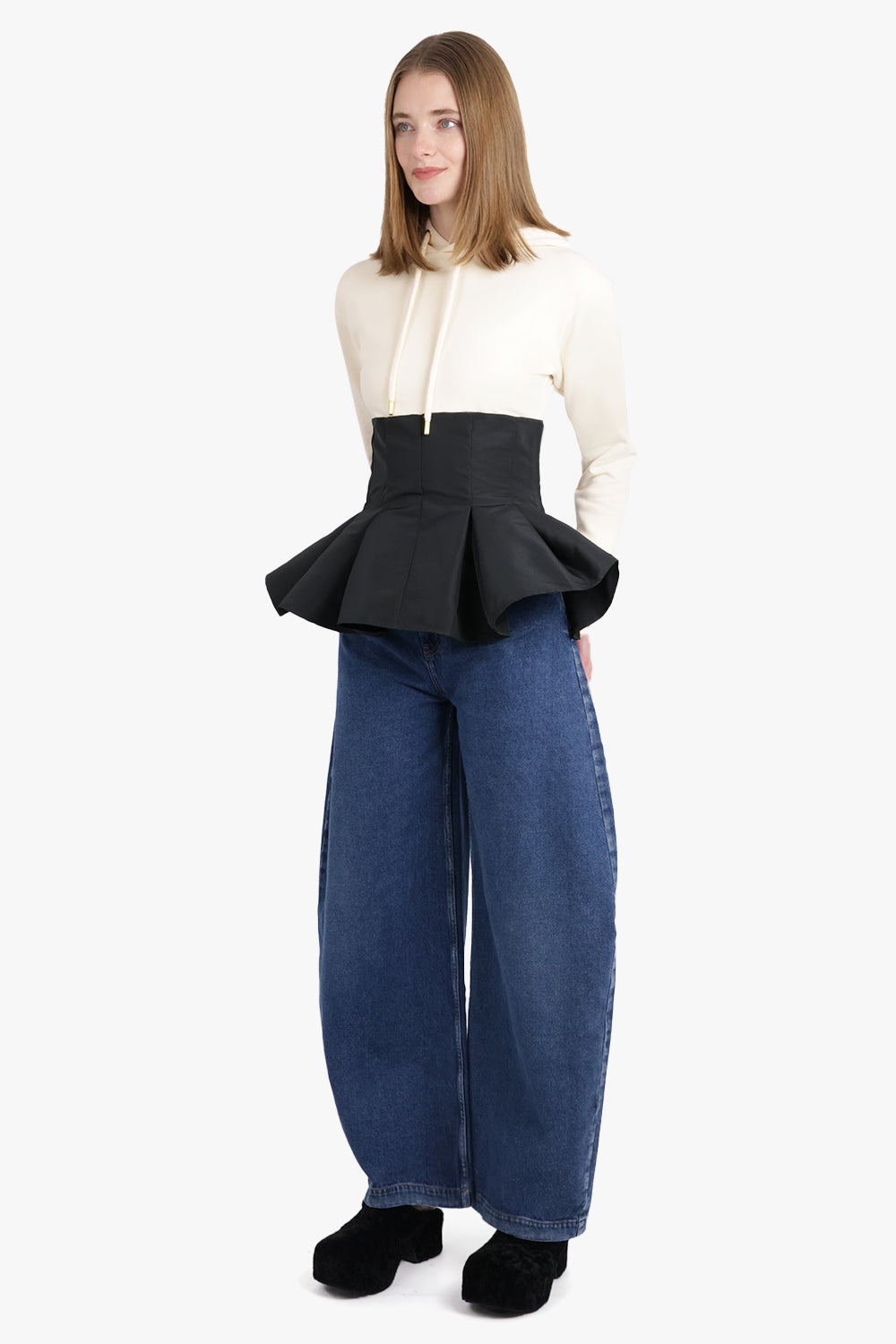 HOODED L/S SWEATSHIRT WITH PEPLUM DETAIL | CREAM/BLACK - 4