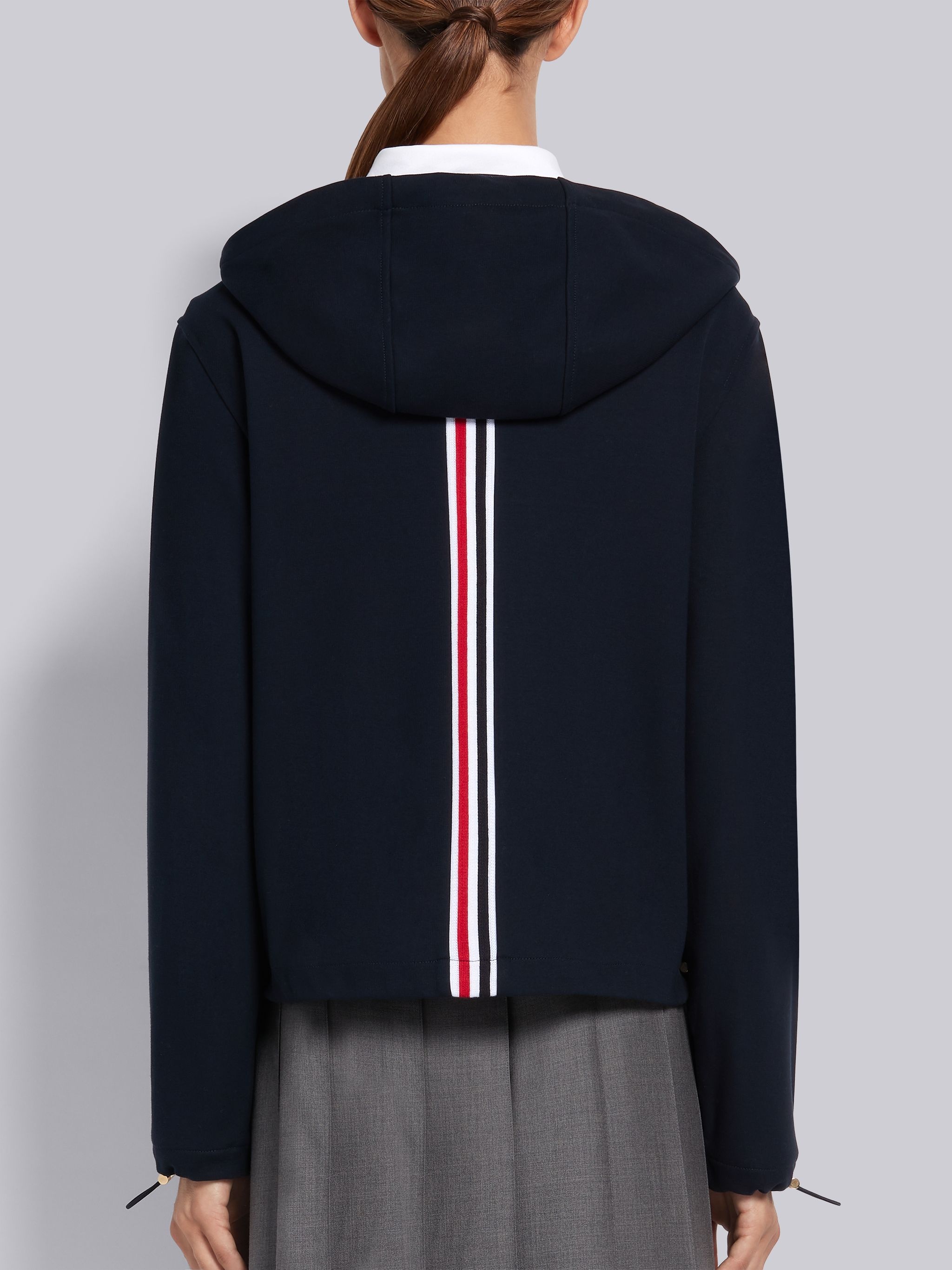 Navy High Twist Cotton Center Back Stripe Boxy Zip-up Parka - 2
