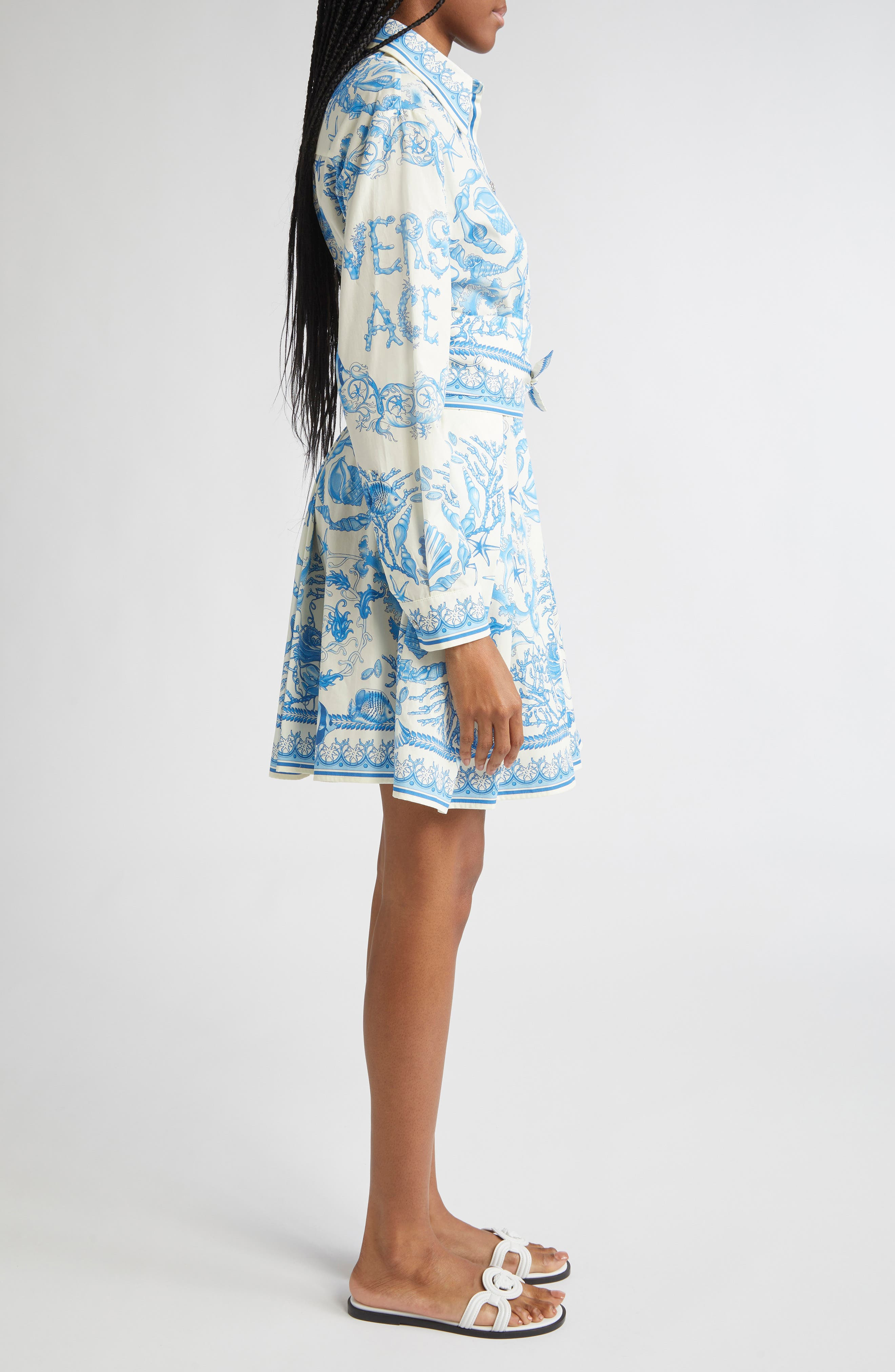 Versace Underwater Barocco Long Sleeve Cotton Poplin Shirtdress in Eggshell Bright Dv Blue at Nordst - 3